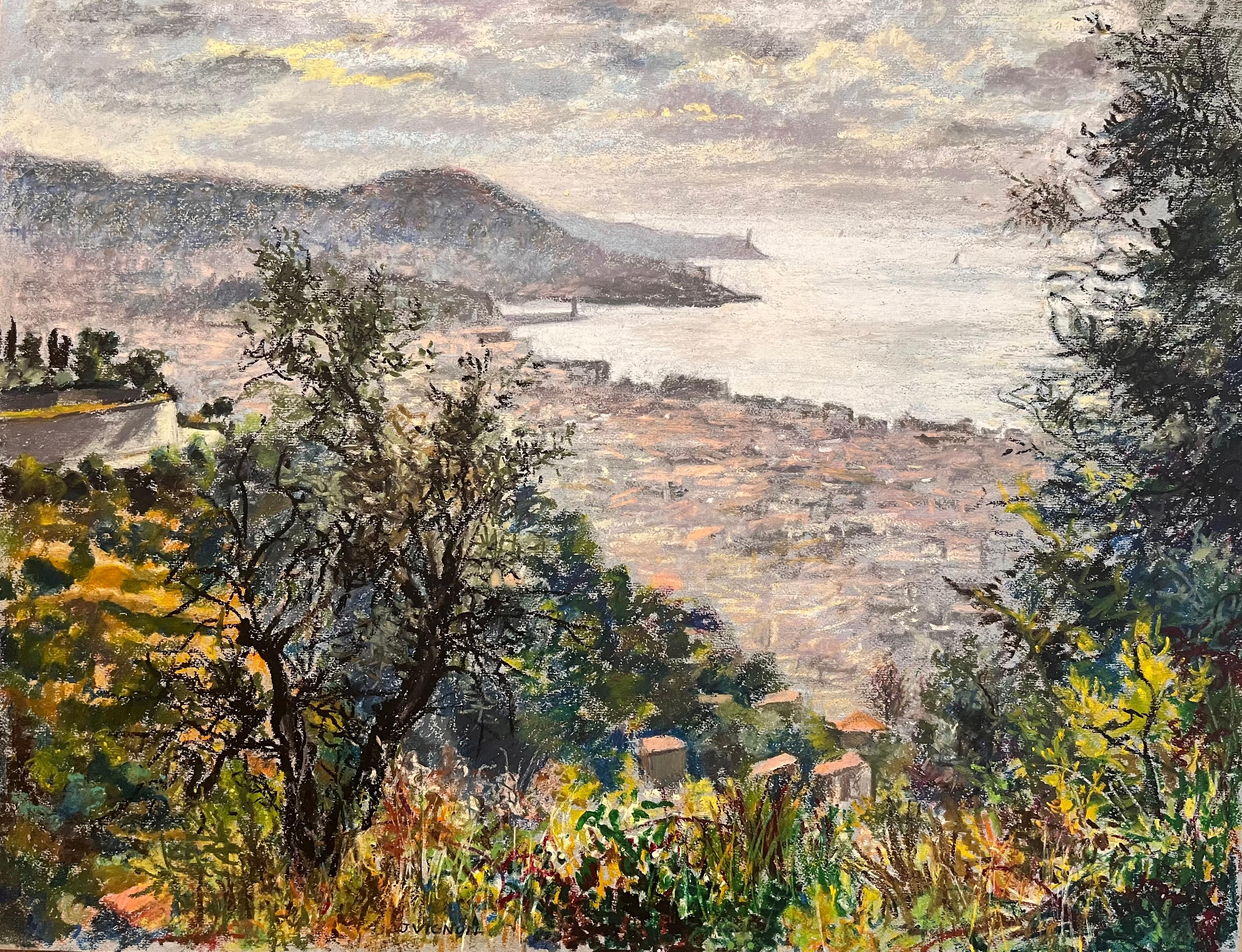 Dessin français du milieu du siècle dernier représentant une ville côtière avec des collines donnant sur la mer