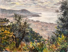 Dessin français du milieu du siècle dernier représentant une ville côtière avec des collines donnant sur la mer