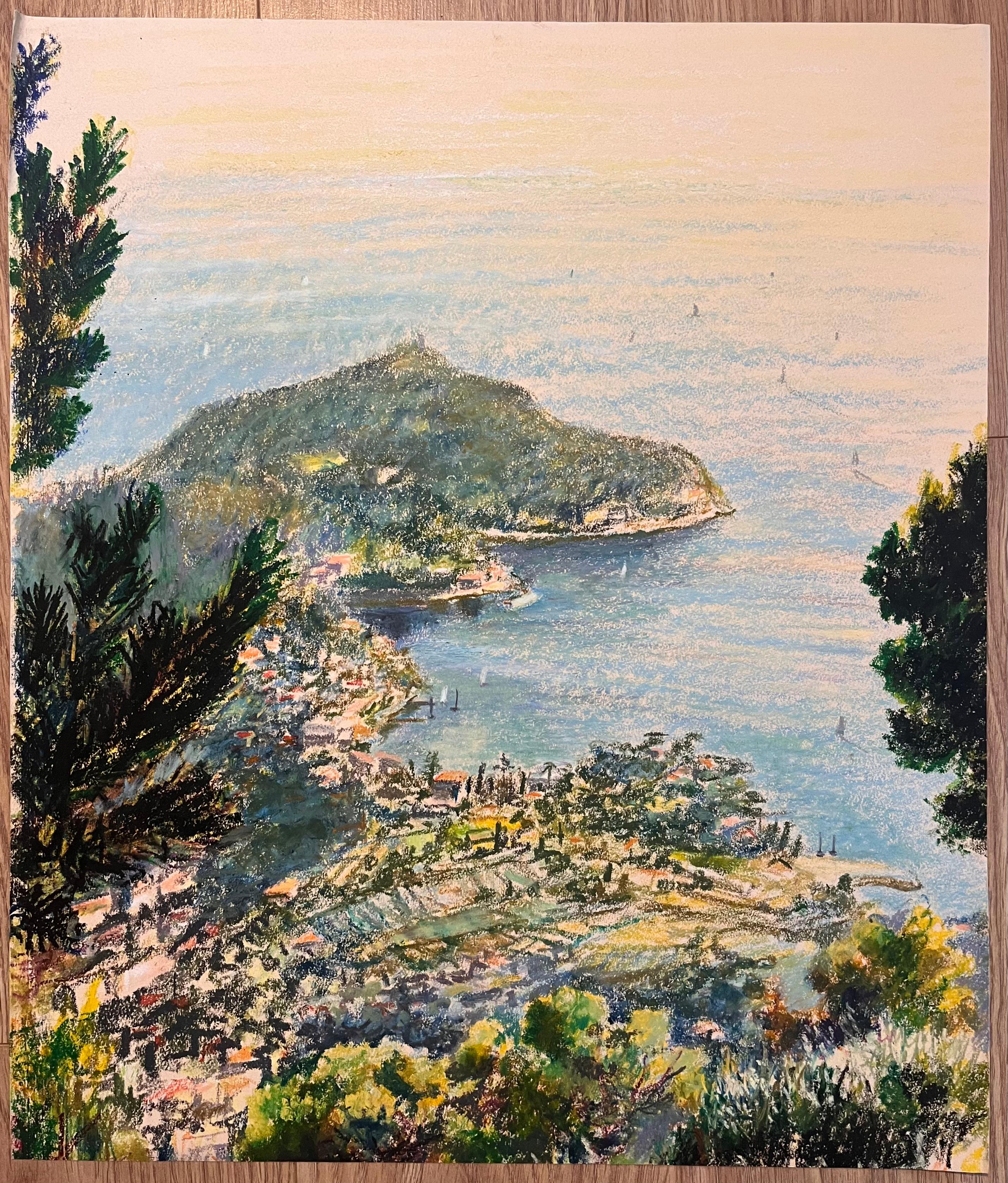 Disegno a pastello della metà del secolo scorso di una veduta costiera di CAP Ferret - Painting di Josine Vignon