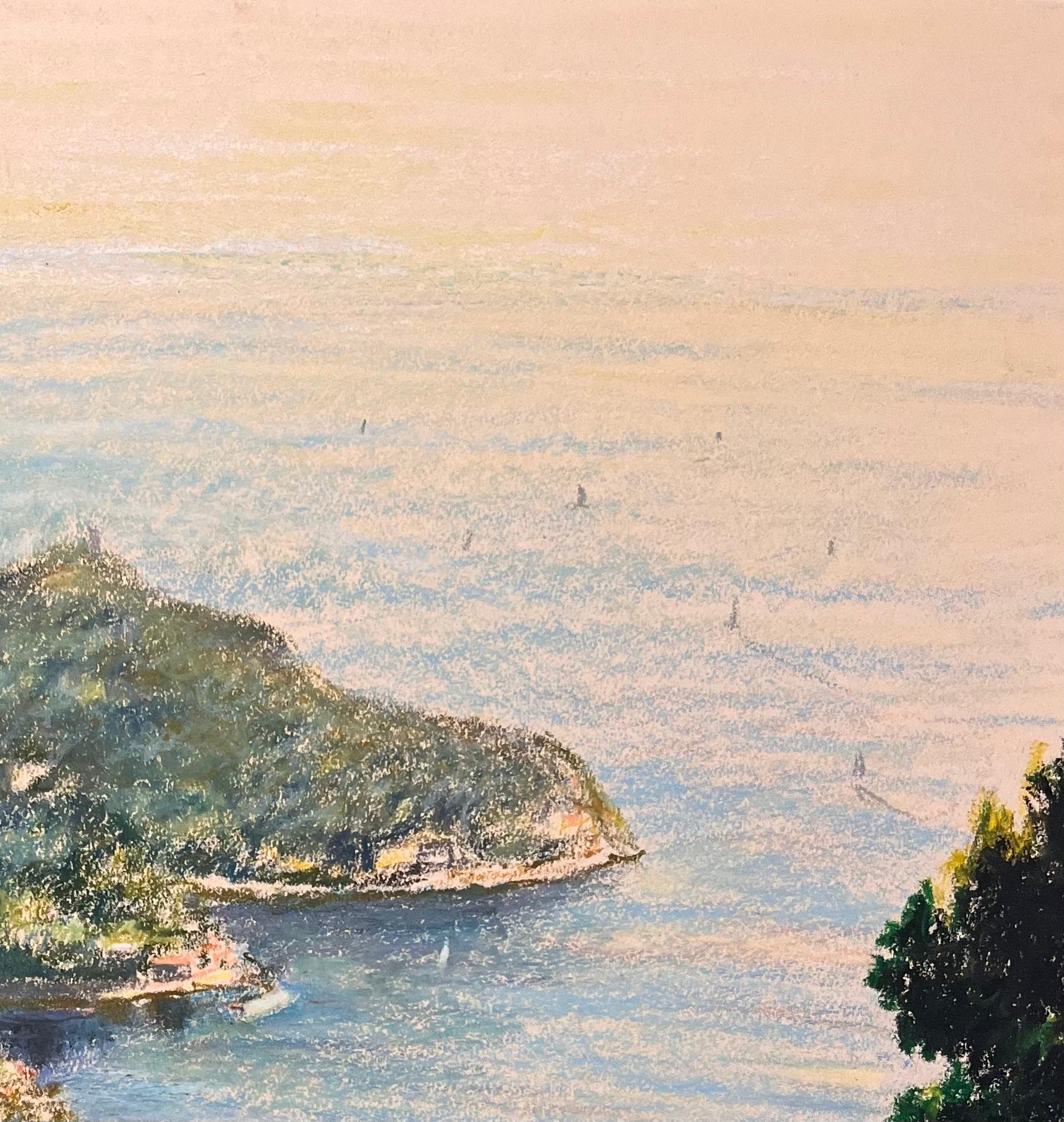 Disegno a pastello della metà del secolo scorso di una veduta costiera di CAP Ferret - Landscape Painting Beige di Josine Vignon