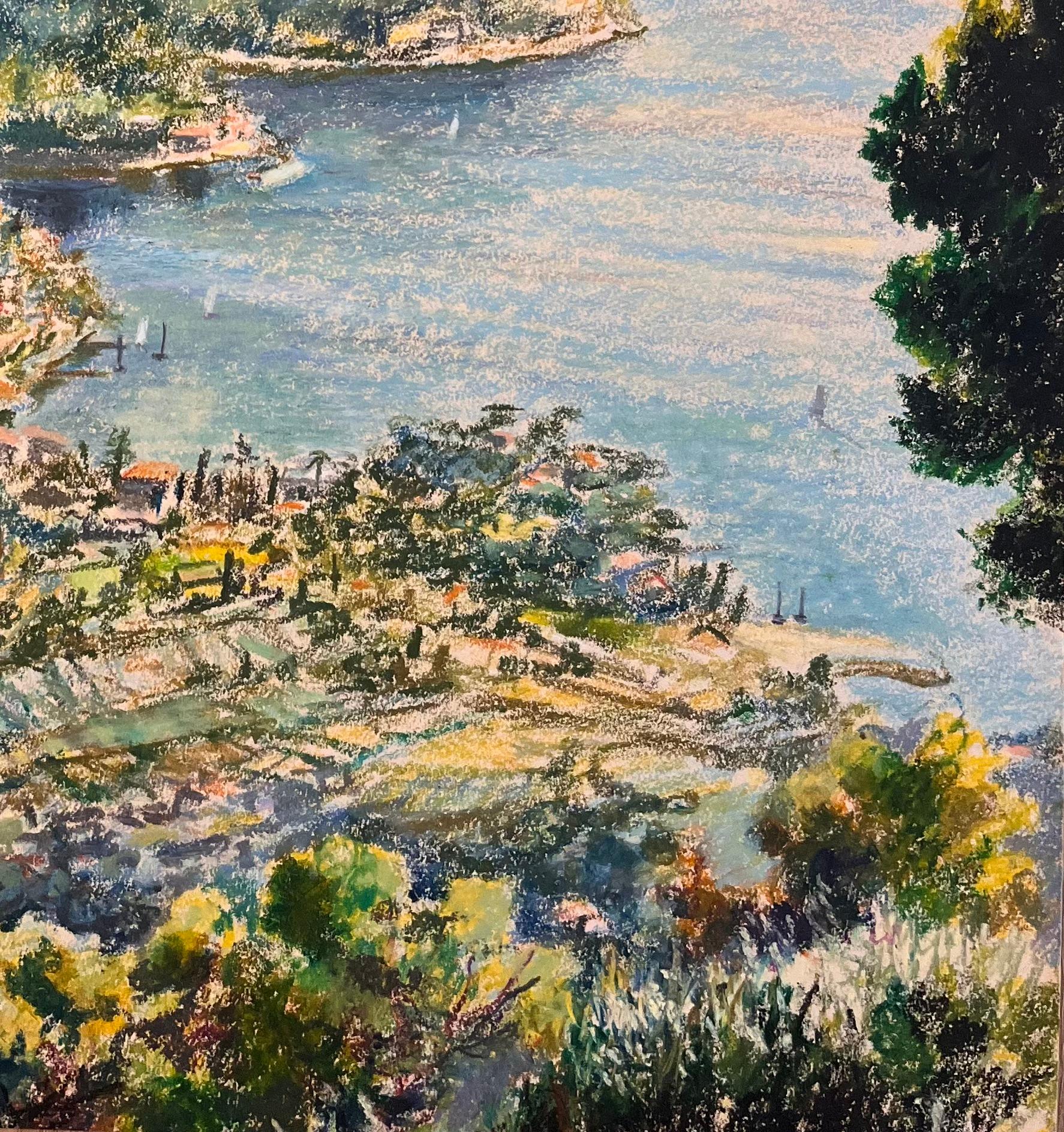 Titolo: Disegno a pastello francese di metà secolo di una veduta costiera di CAP Ferret

Artista: Josine Vignon (francese, 1922-2022)

Medium: Pastello a olio su carta d'artista

Dimensioni: 22,5 (altezza) x 19,25 (larghezza)

Timbrato: