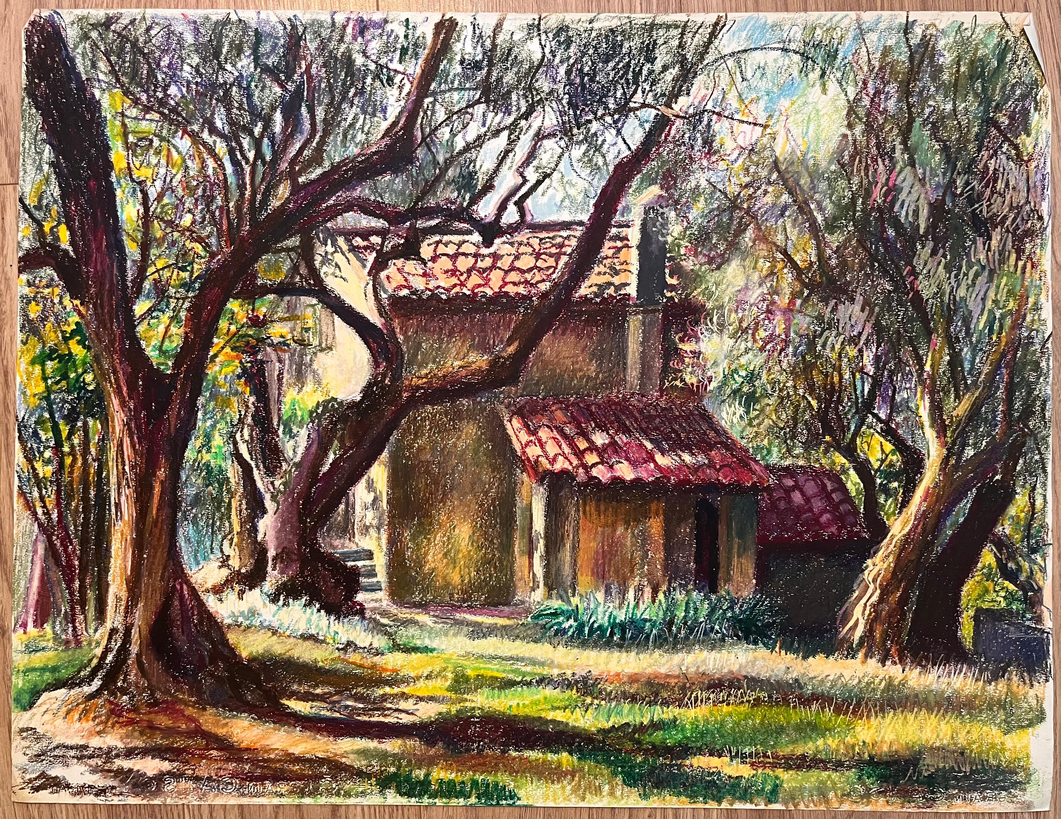 Mid Century Französisch Pastell Zeichnung der Hütte von Bäumen umgeben – Art von Josine Vignon