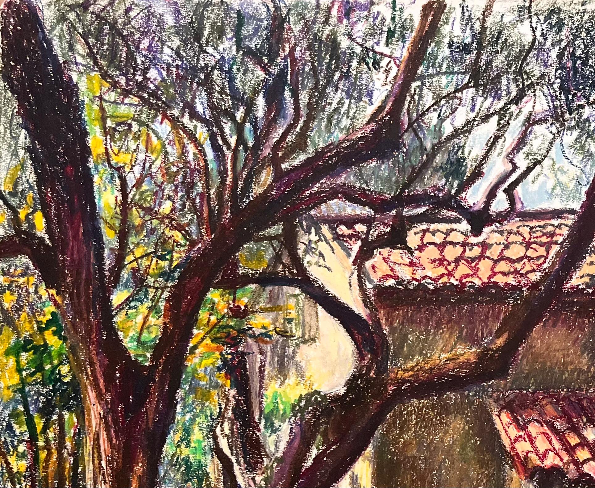 Mid Century Französisch Pastell Zeichnung der Hütte von Bäumen umgeben (Impressionismus), Art, von Josine Vignon