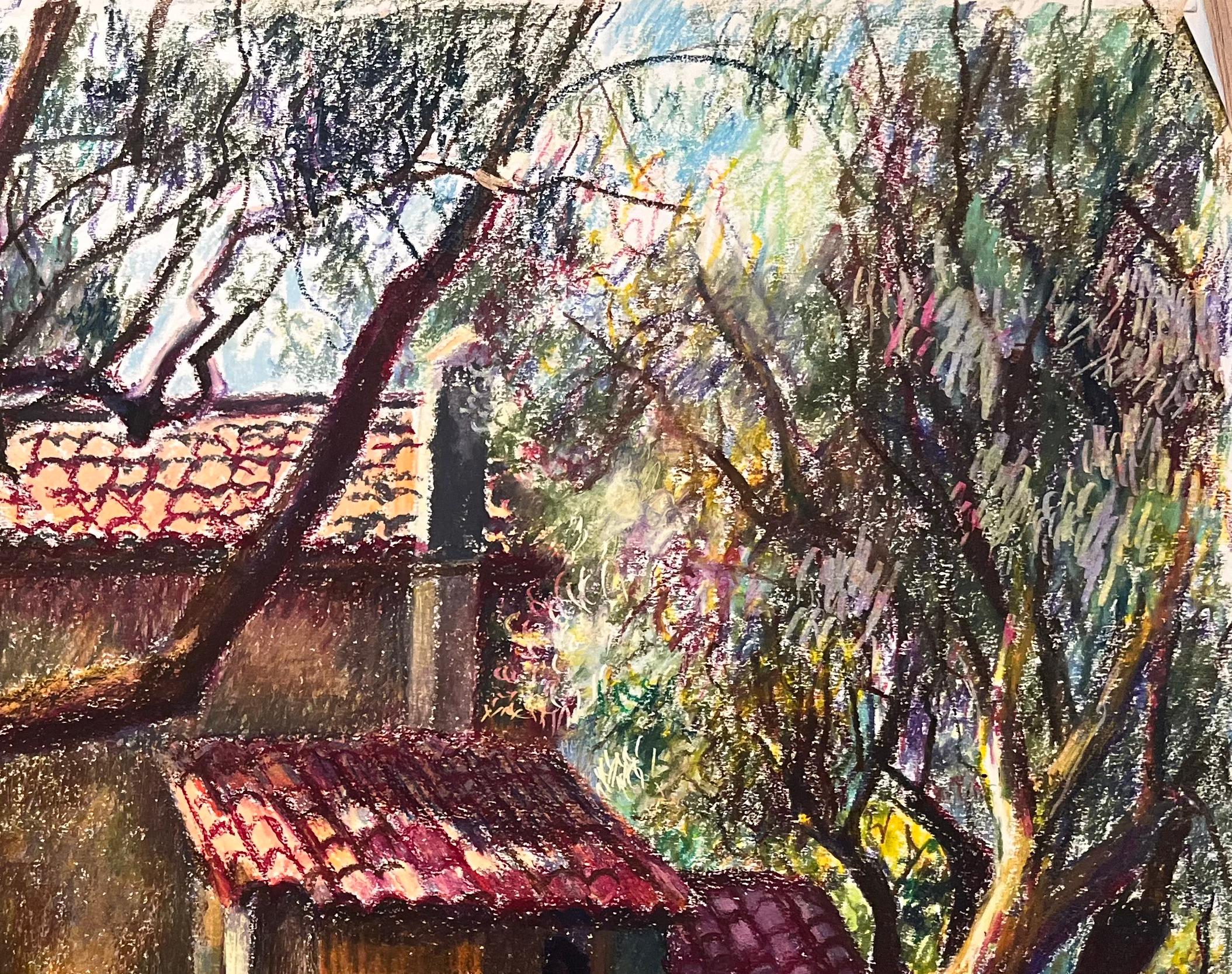 Mid Century Französisch Pastell Zeichnung der Hütte von Bäumen umgeben (Schwarz), Landscape Art, von Josine Vignon