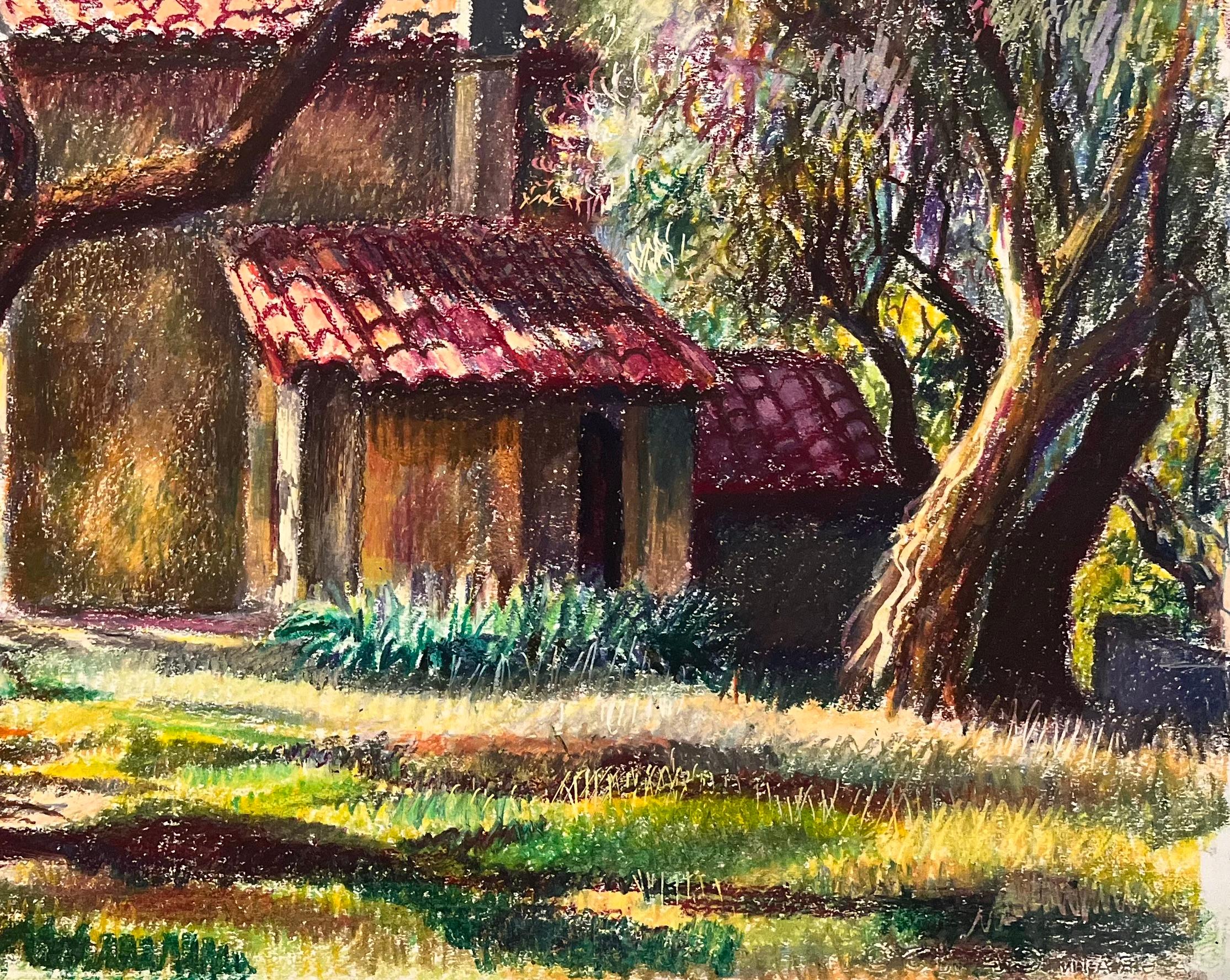 Titel: Französische Pastellzeichnung eines von Bäumen umgebenen Häuschens aus der Mitte des Jahrhunderts

Künstlerin: Josine Vignon (Französisch 1922-2022)

Medium: Ölpastell auf Künstlerpapier

Größe: 19,75 (Höhe) x 25,75 (Breite)

Gestempelt:
