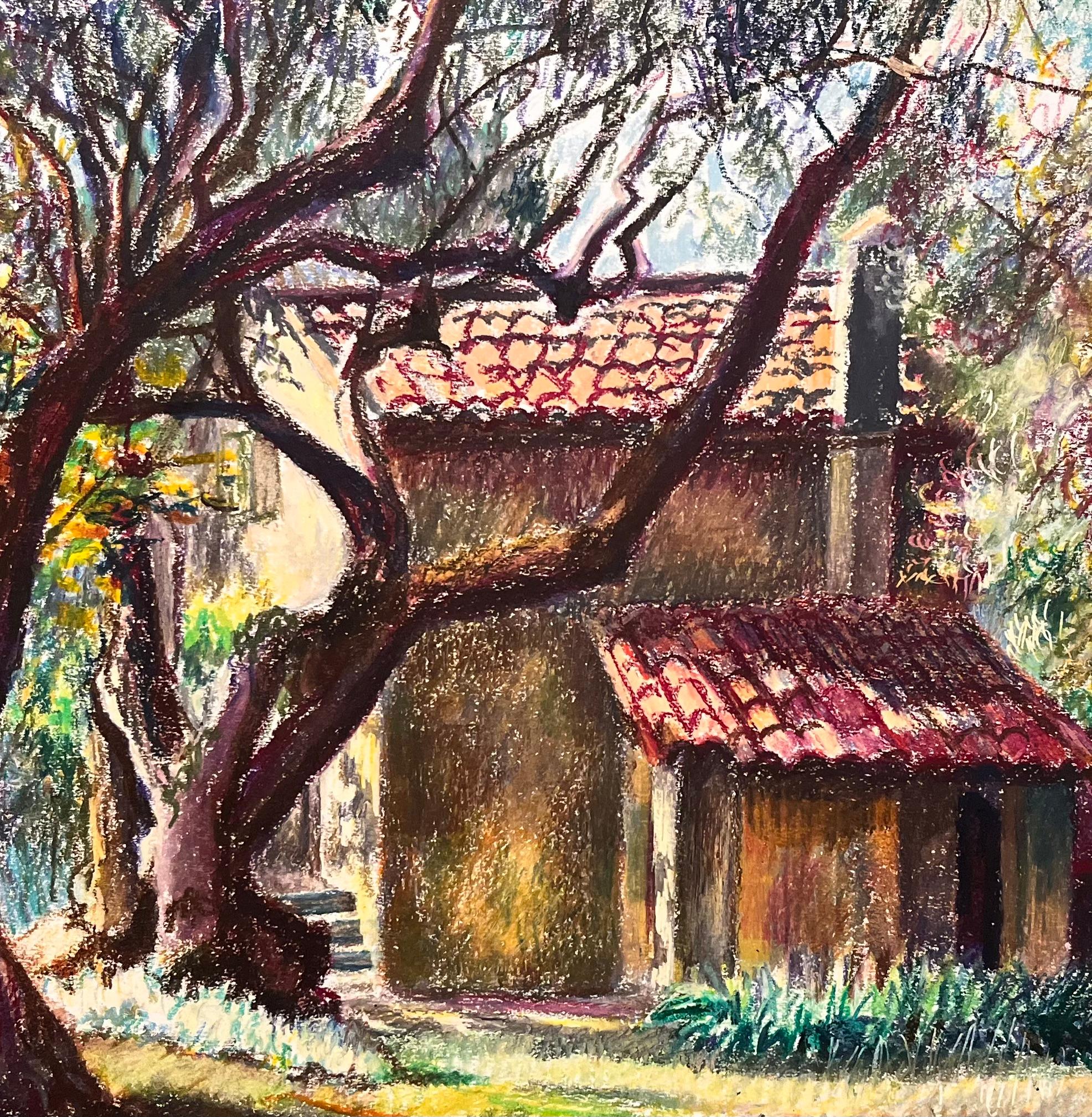 Mid Century Französisch Pastell Zeichnung der Hütte von Bäumen umgeben im Angebot 2