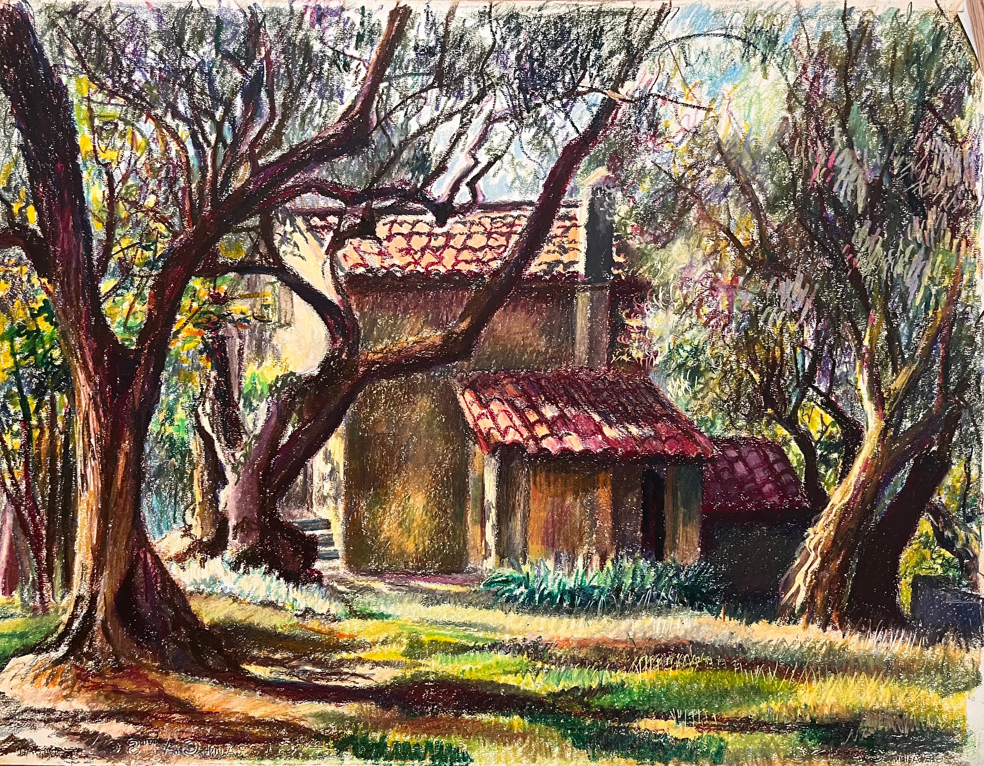 Mid Century Französisch Pastell Zeichnung der Hütte von Bäumen umgeben