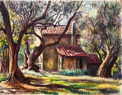 Mid Century French Pastel Drawing of Cottage Surrounded by Trees