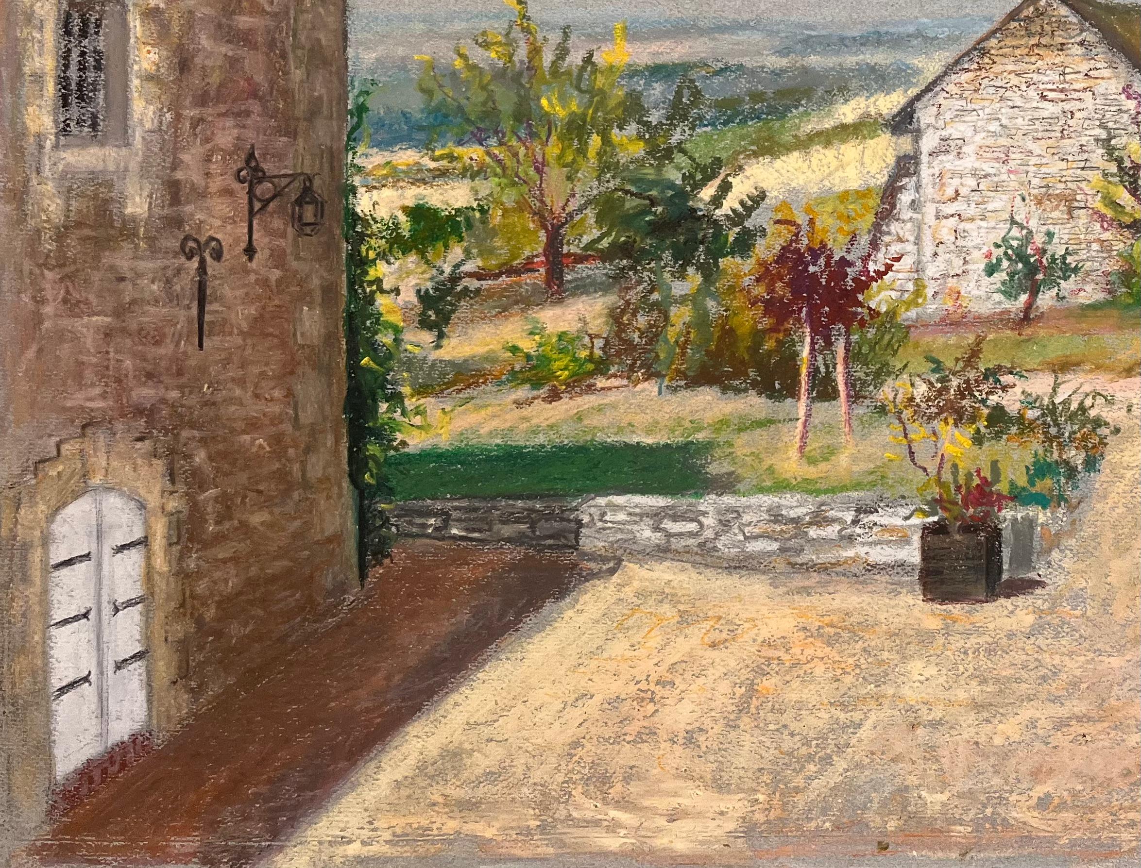 Titolo: Disegno a pastello francese di metà secolo di un cortile con edifici in pietra e giardino

Artista: Josine Vignon (francese, 1922-2022)

Medium: Pastello a olio su carta d'artista

Dimensioni: 19,75 (altezza) x 25,75 (larghezza)

Timbrato: