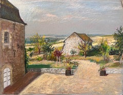 Französische pastellfarbene Zeichnung eines Gartens mit Steingebäuden und Garten aus der Mitte des Jahrhunderts