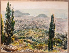 Mid Century French Pastel Drawing of Distant Hillside View with Cypress Trees