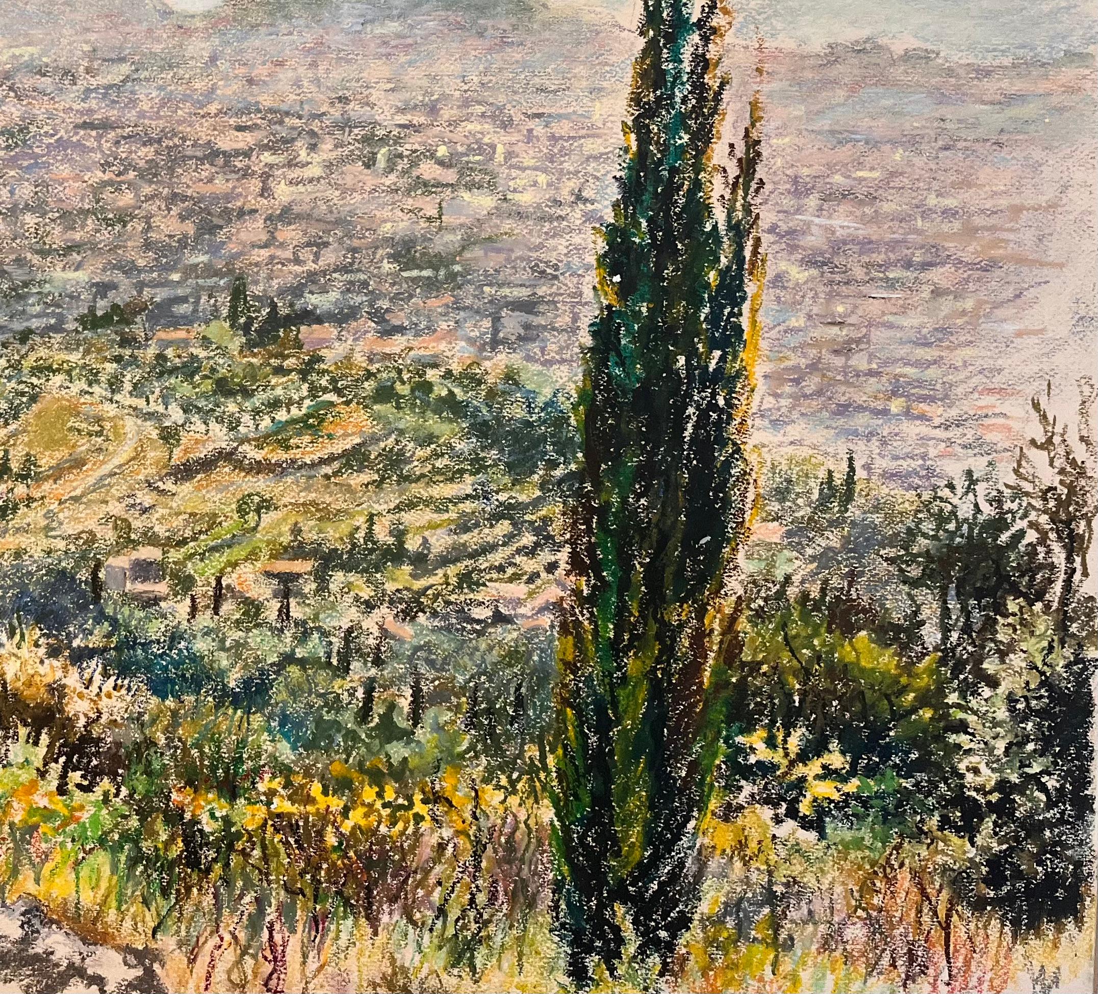 Titre : Dessin au pastel français du milieu du siècle d'une vue lointaine d'une colline avec des cyprès

Artistics : Josine Vignon (française 1922-2022)

Médium : Pastel à l'huile sur papier d'artiste

Taille : 19,75 (hauteur) x 25,75