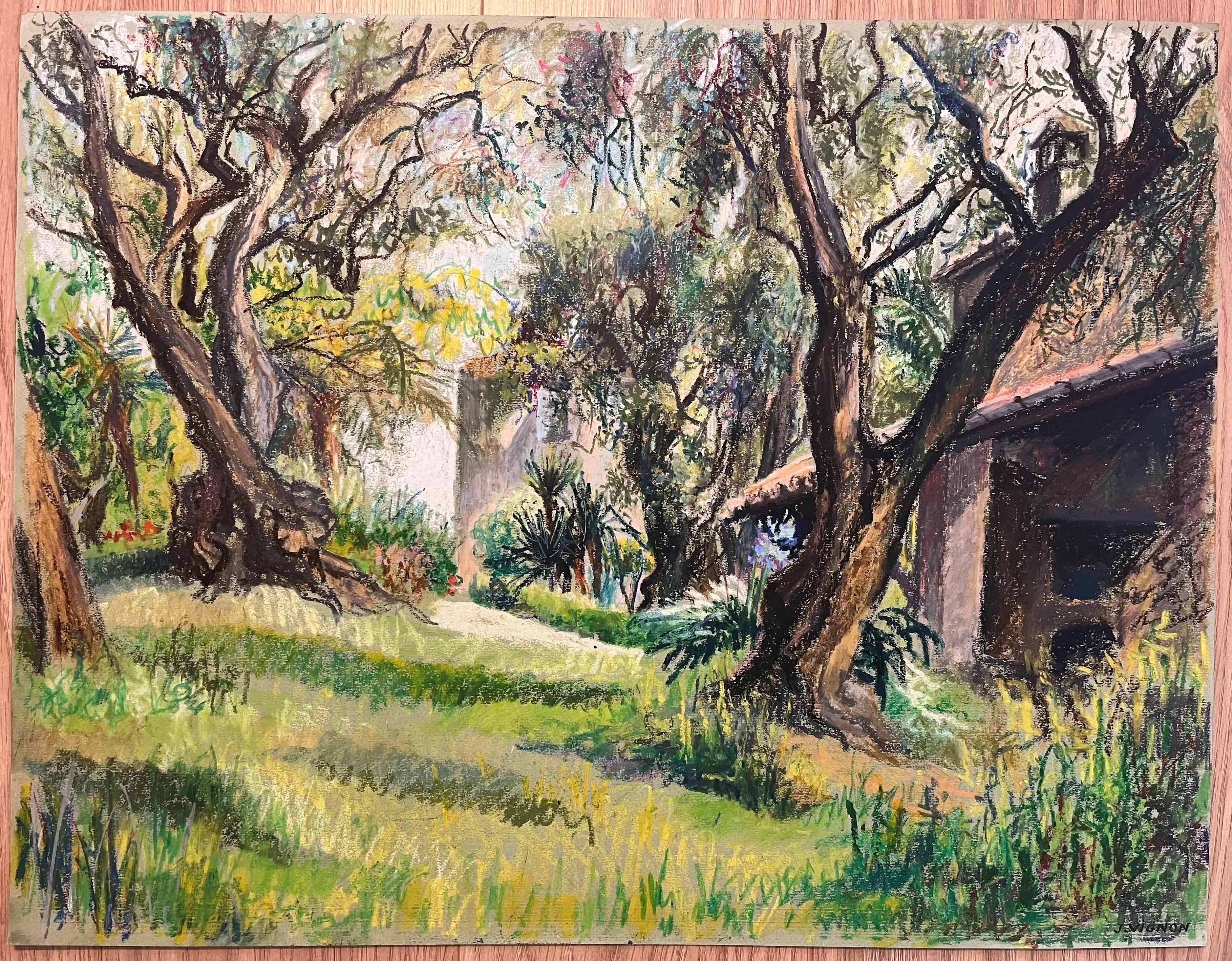 Dibujo al pastel francés de mediados de siglo de jardín con olivos y casita de campo - Art de Josine Vignon