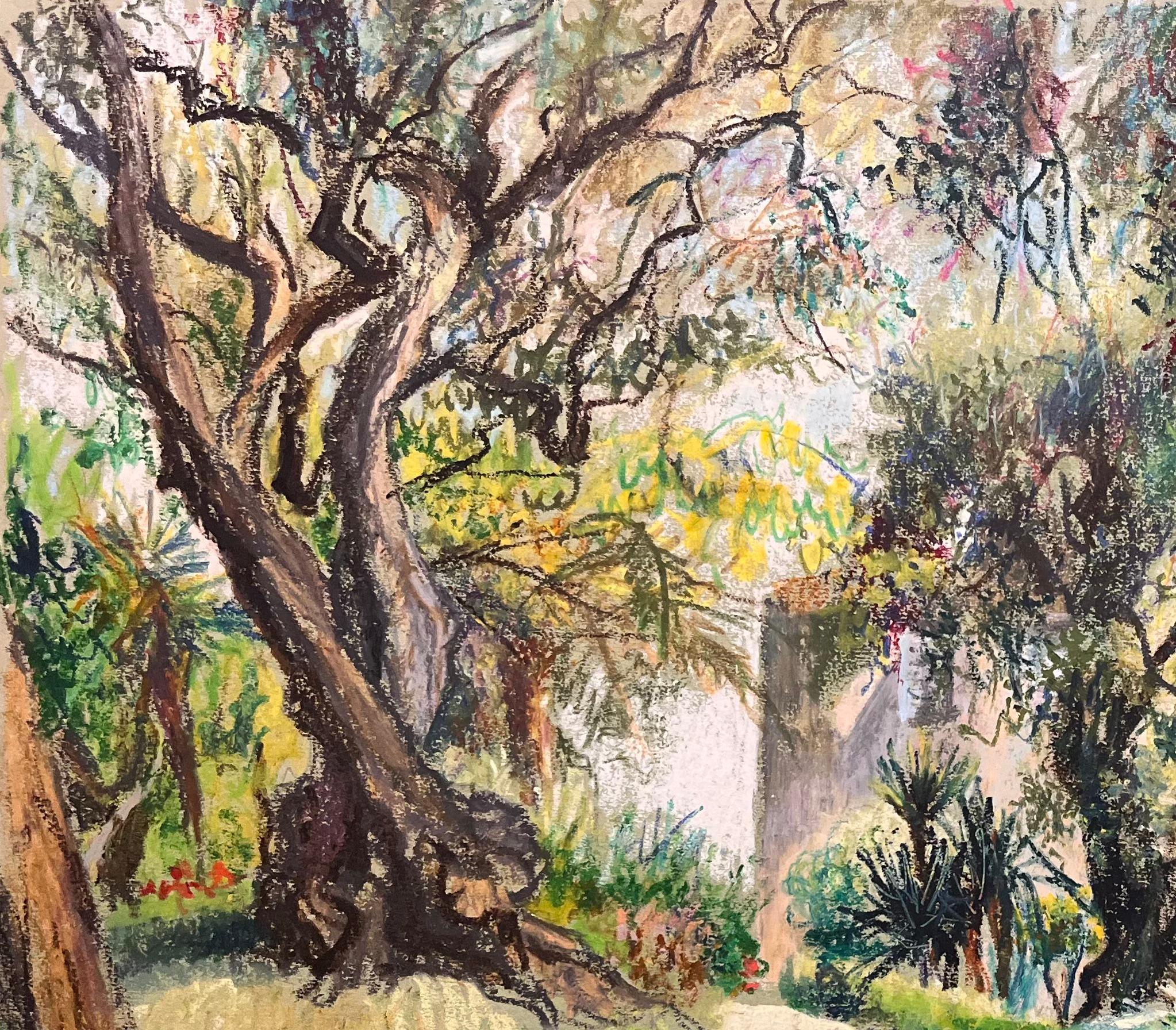 Dibujo al pastel francés de mediados de siglo de jardín con olivos y casita de campo - Art Impresionista de Josine Vignon