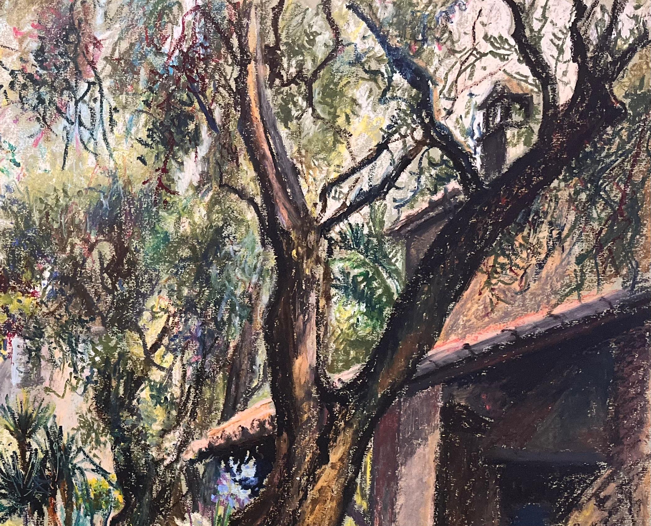Dibujo al pastel francés de mediados de siglo de jardín con olivos y casita de campo - Landscape Art Marrón de Josine Vignon