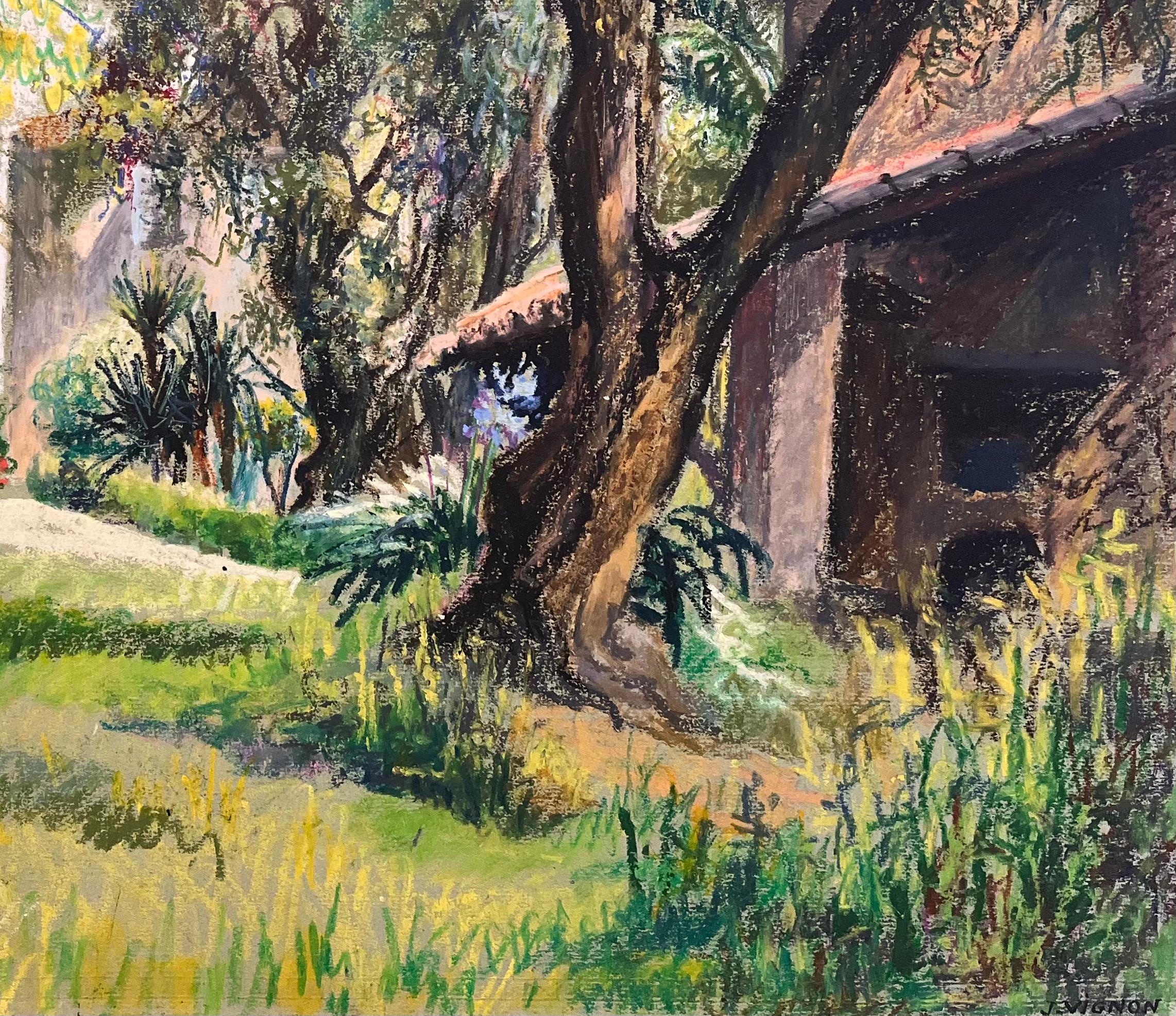 Título: Dibujo al pastel francés de mediados de siglo de jardín con olivos y casita de campo

Artista: Josine Vignon (francesa 1922-2022)

Medio: Pastel al óleo sobre papel de artista

Tamaño: 19,75 (alto) x 25,75 (ancho)

Firmado: Sí

Estado: