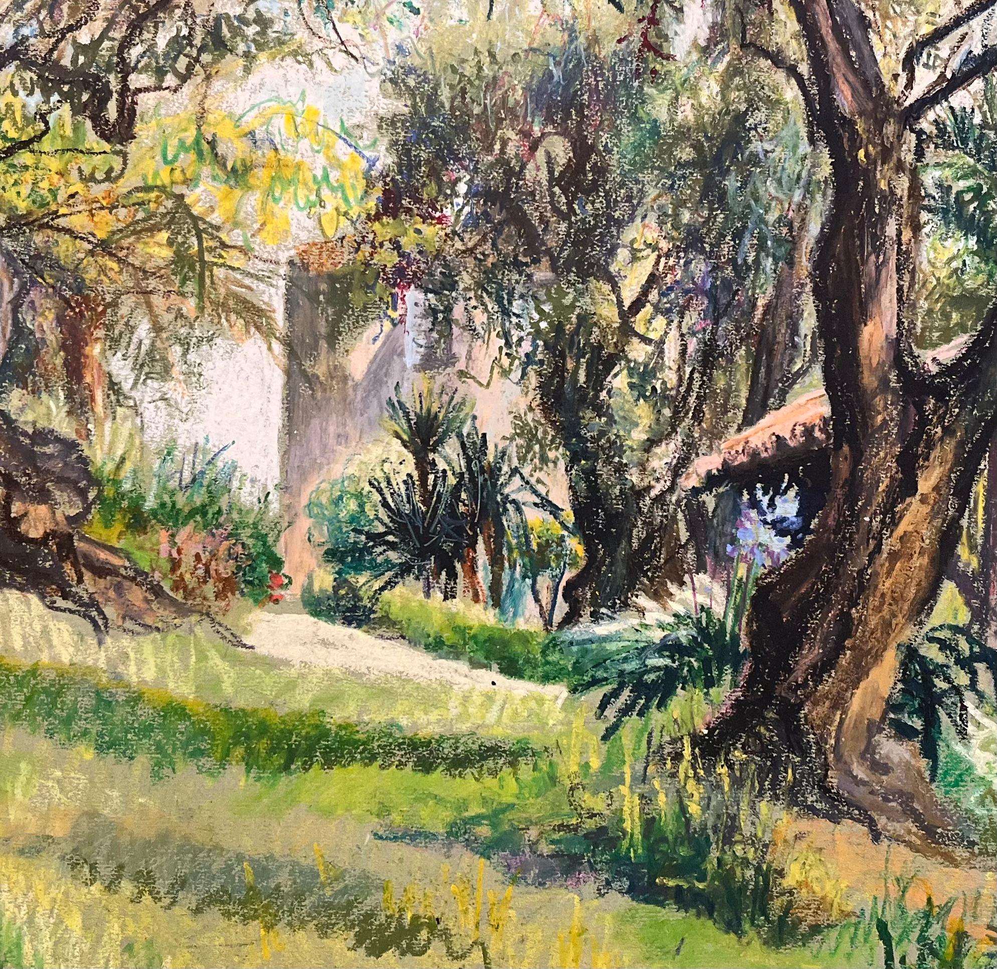 Dibujo al pastel francés de mediados de siglo de jardín con olivos y casita de campo en venta 2