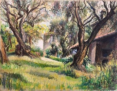 Vintage Mid Century French Pastel Drawing of Garden with Olive Trees and Cottage