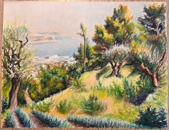 Disegno a pastello della metà del secolo scorso di una veduta della collina che guarda verso la città costiera