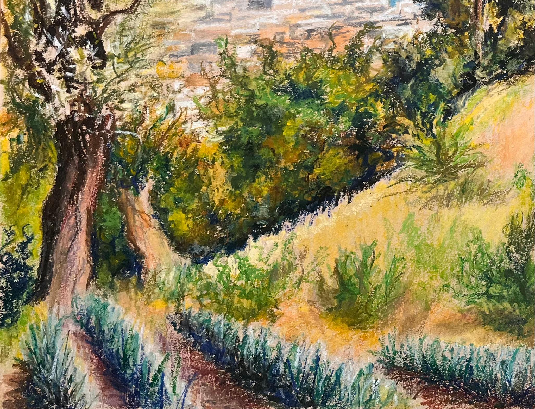 Französische Pastellzeichnung aus der Mitte des Jahrhunderts mit Blick auf den Hillside und die Townes an der Küste im Angebot 1