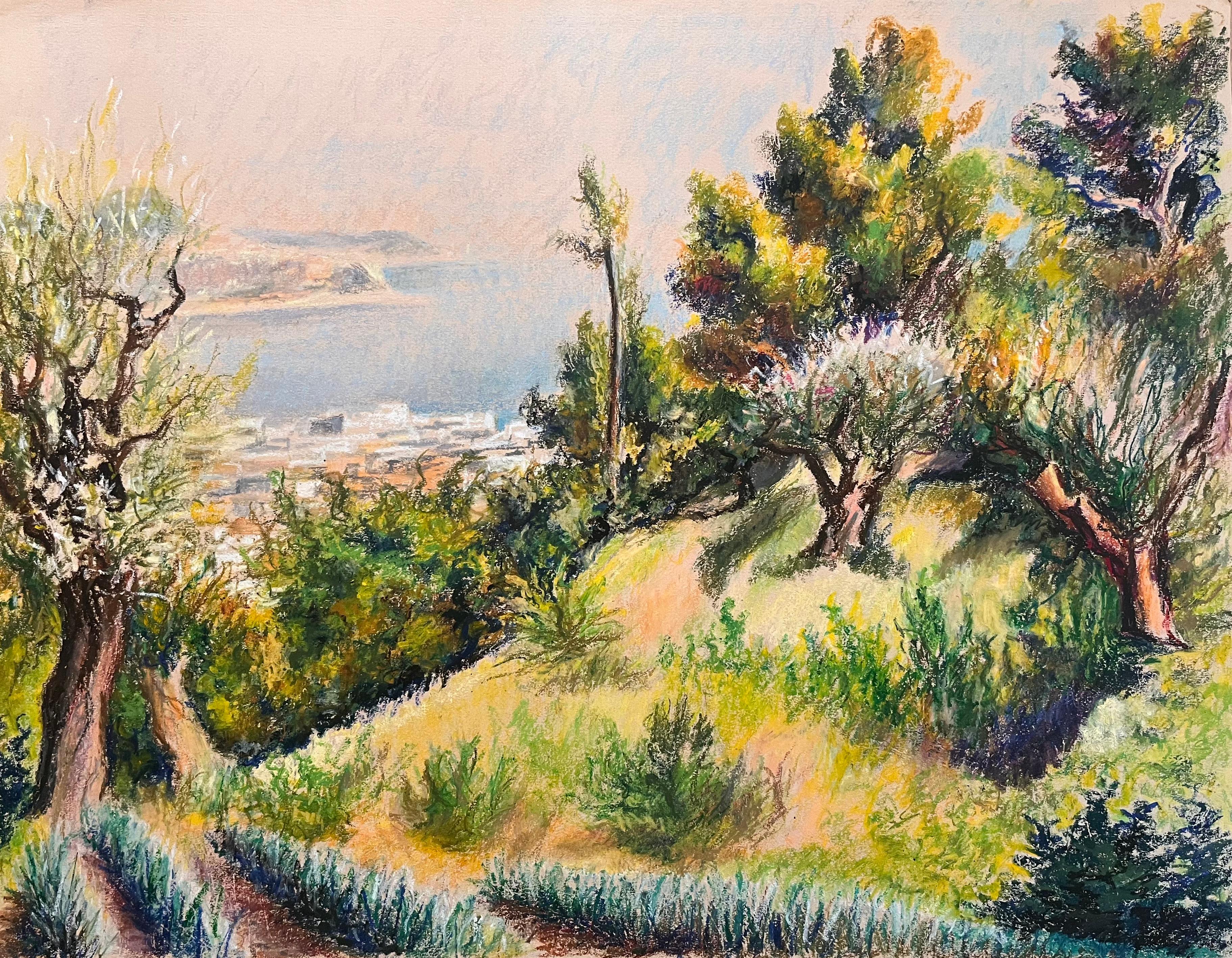 Josine Vignon Landscape Art – Französische Pastellzeichnung aus der Mitte des Jahrhunderts mit Blick auf den Hillside und die Townes an der Küste