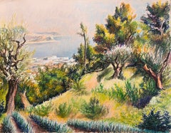 Dibujo al pastel francés de mediados de siglo de una vista de la ladera mirando hacia la ciudad costera