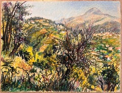 Disegno a pastello francese di metà secolo di una vista di montagna con fogliame illuminato dal sole