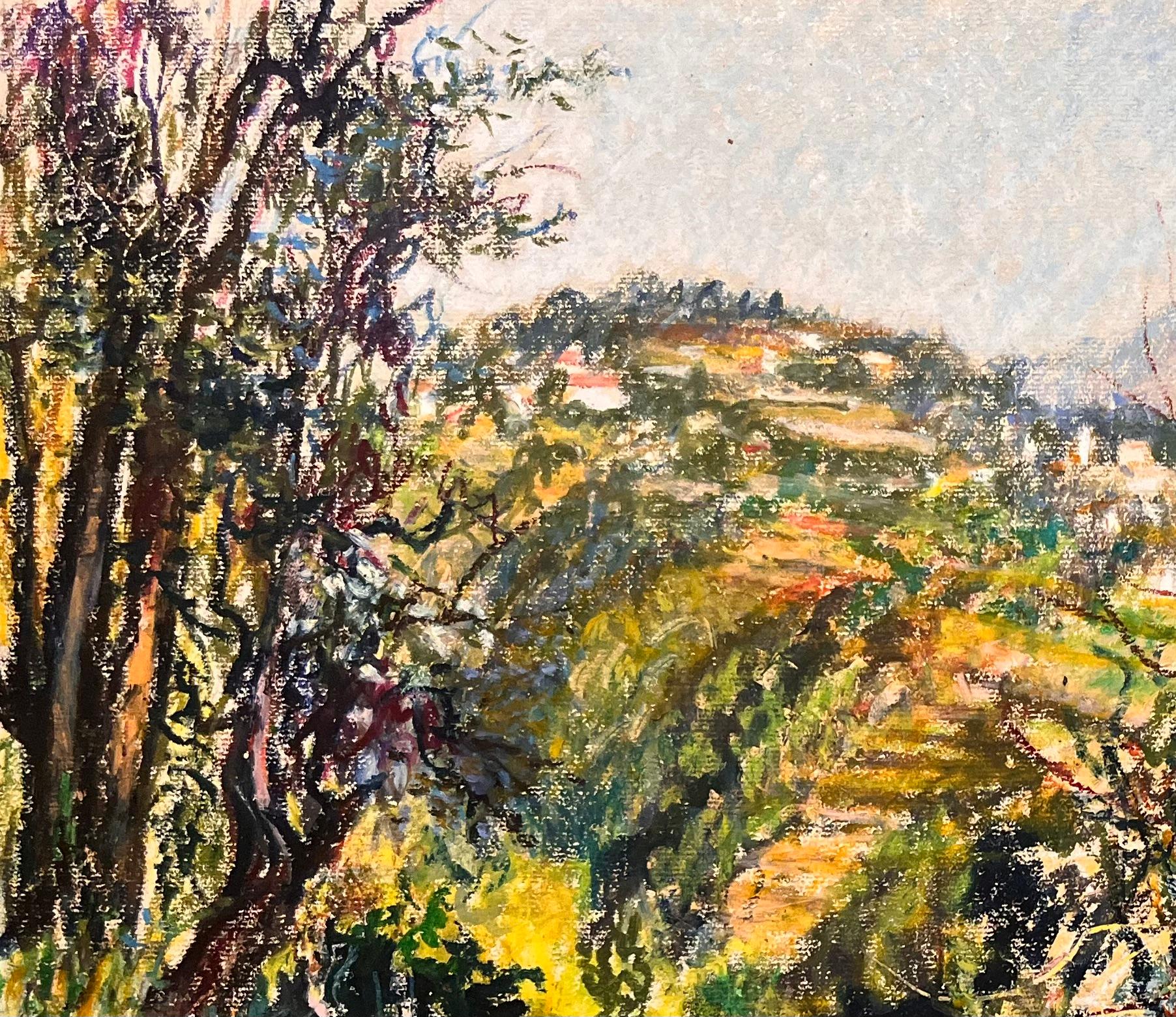Mid Century Französisch Pastell Zeichnung von Mountain View mit Sunlit Laub (Impressionismus), Art, von Josine Vignon