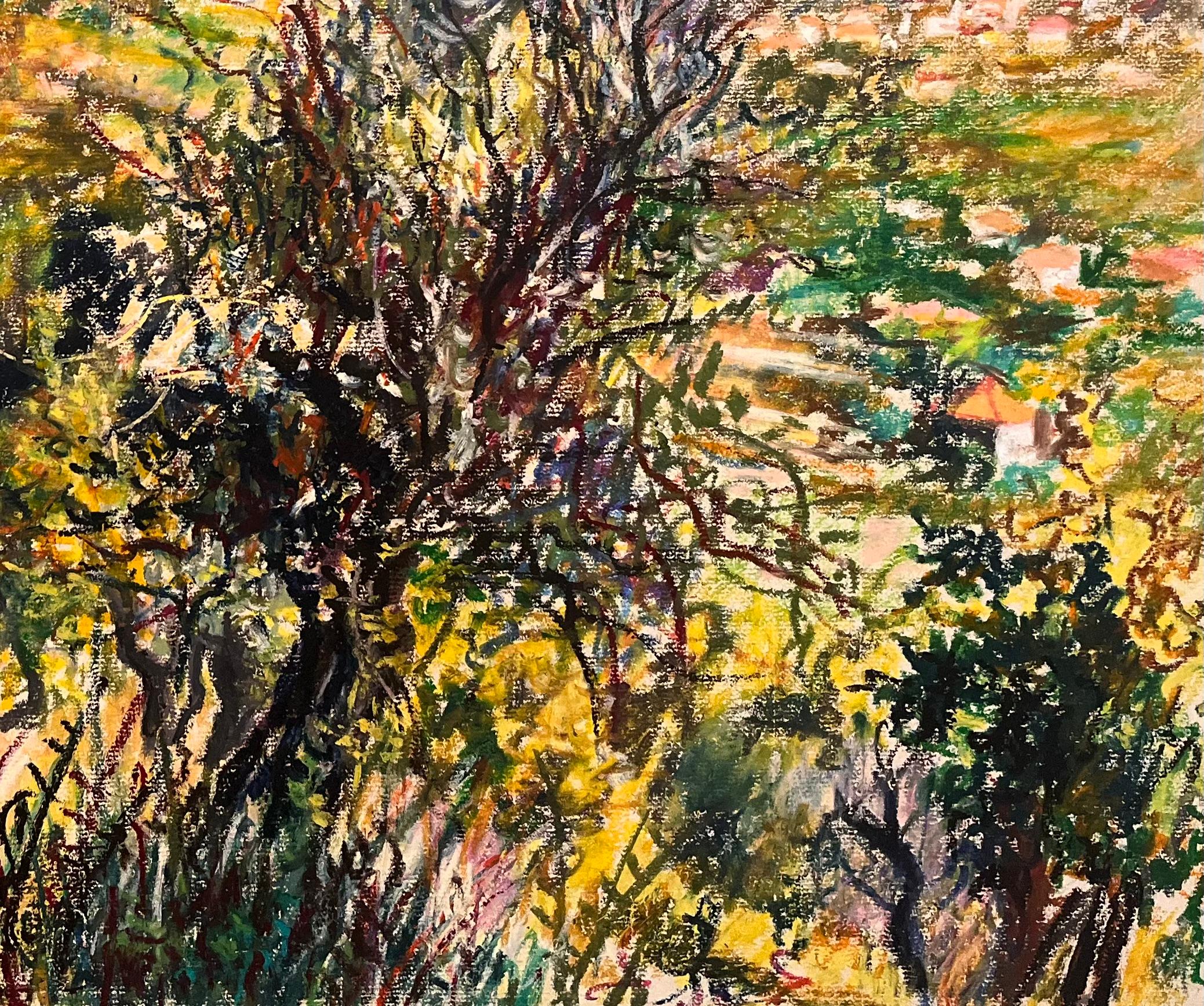 Titel: Französische Pastellzeichnung aus der Mitte des Jahrhunderts mit Bergblick und sonnenbeschienenem Laub

Künstlerin: Josine Vignon (Französisch 1922-2022)

Medium: Ölpastell auf Künstlerpapier

Größe: 19 (Höhe) x 25 (Breite)

Gestempelt: