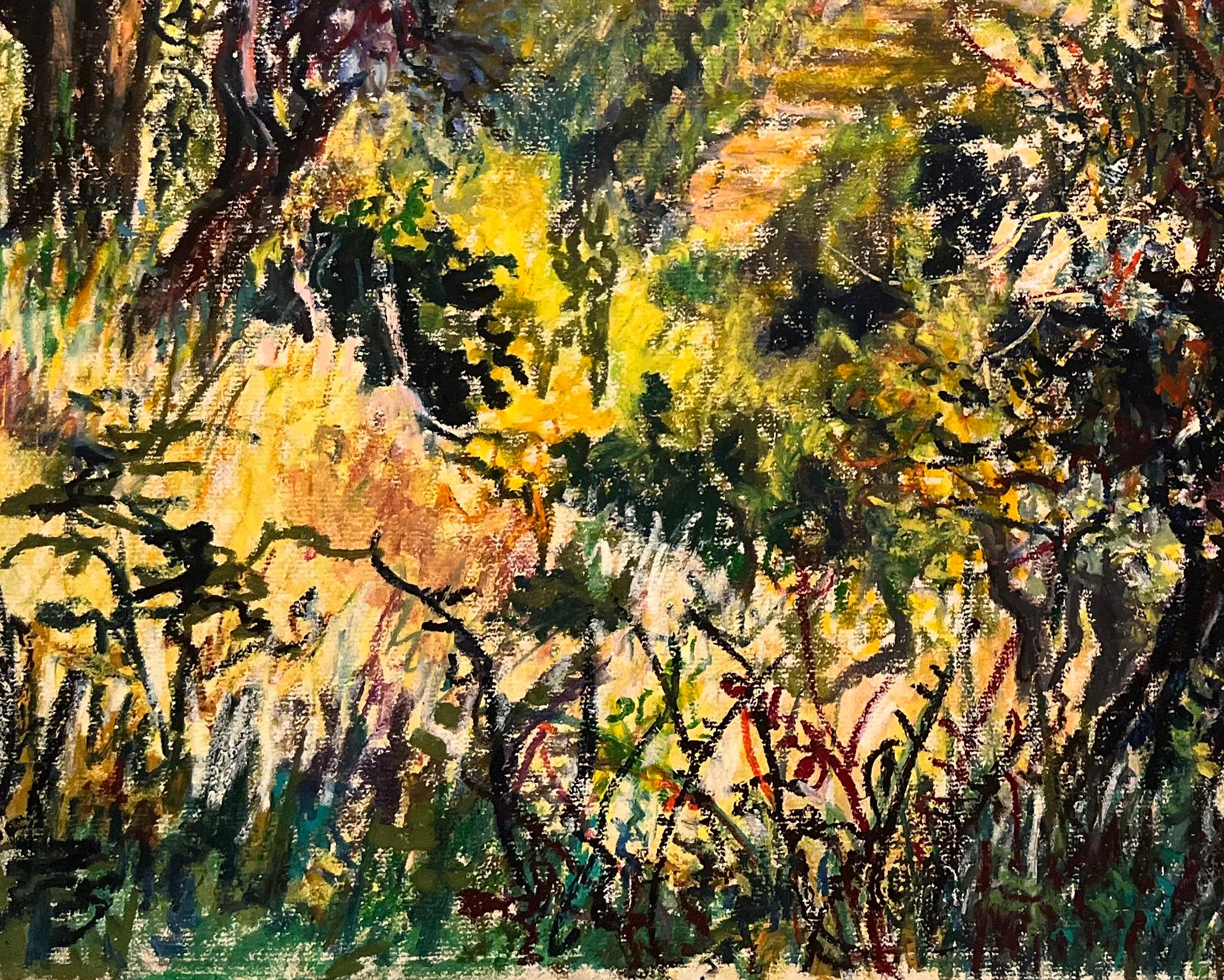 Mid Century Französisch Pastell Zeichnung von Mountain View mit Sunlit Laub im Angebot 1
