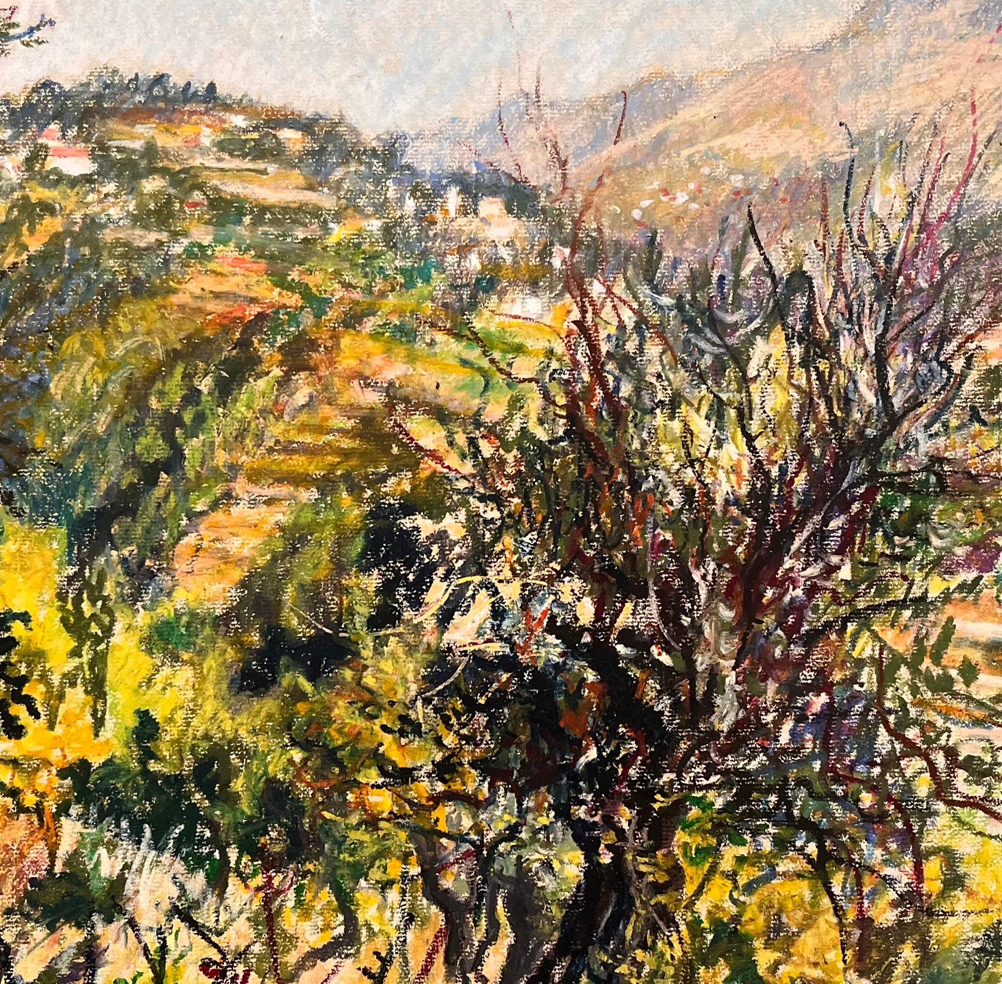 Mid Century Französisch Pastell Zeichnung von Mountain View mit Sunlit Laub im Angebot 2