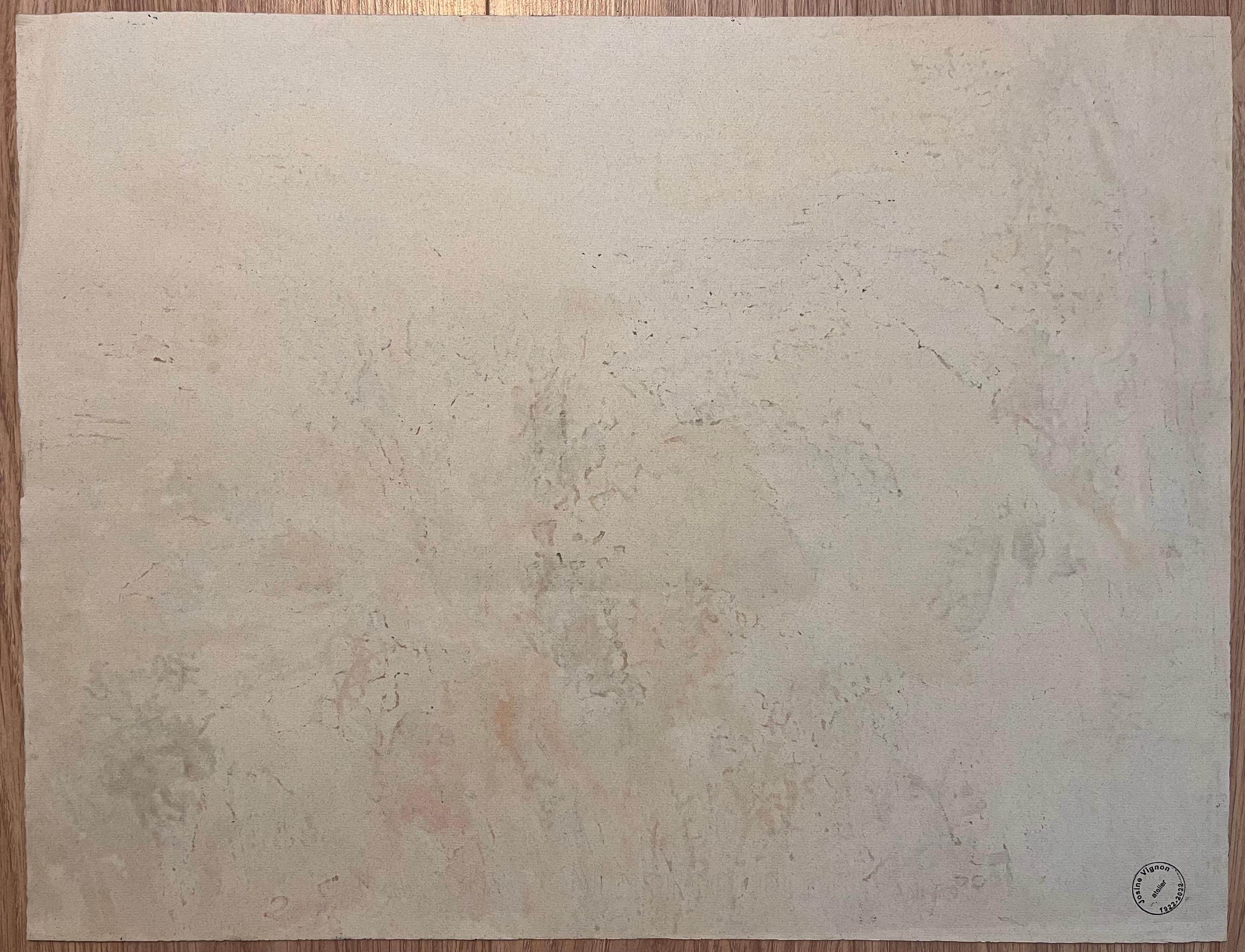 Mid Century Französisch Pastell Zeichnung von Mountain View mit Sunlit Laub im Angebot 3
