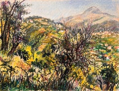 Dibujo al pastel francés de mediados de siglo de una vista de montaña con follaje iluminado por el sol