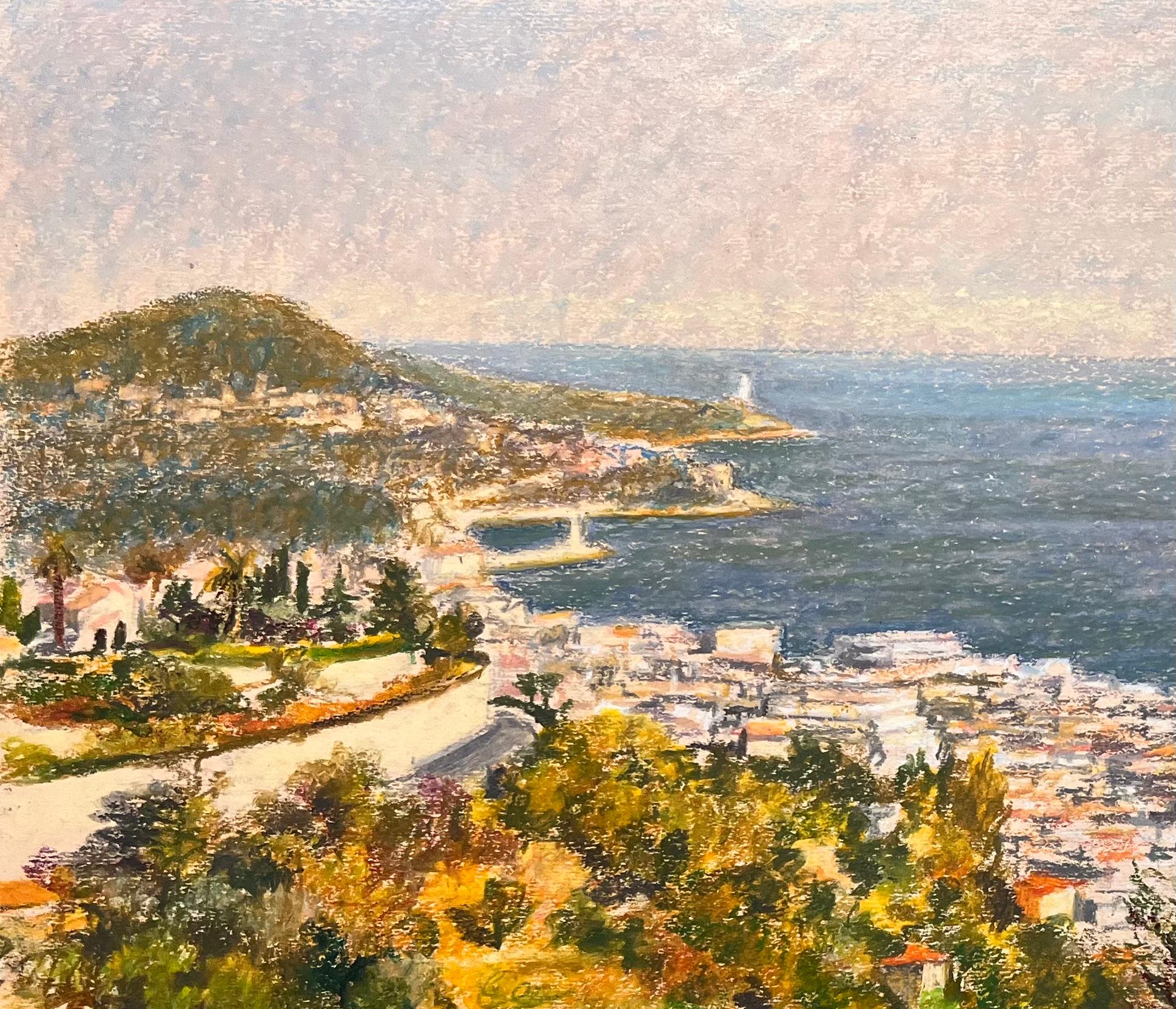 Mid Century French Pastel Drawing of Sunlit Coastal Town and Calm Blue Sea - Impressionist Art by Josine Vignon