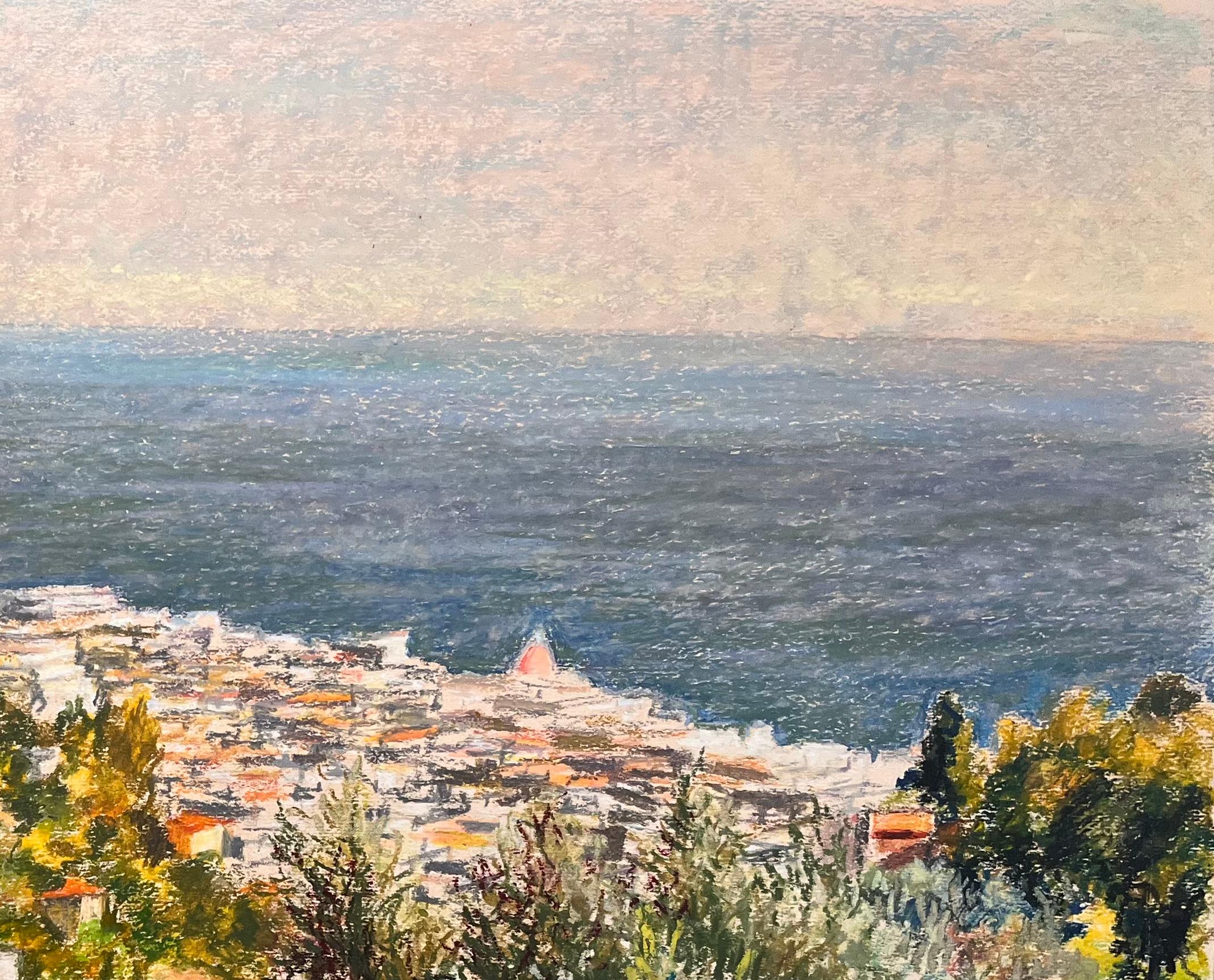 Mid Century French Pastel Drawing of Sunlit Coastal Town and Calm Blue Sea - Brown Landscape Art by Josine Vignon