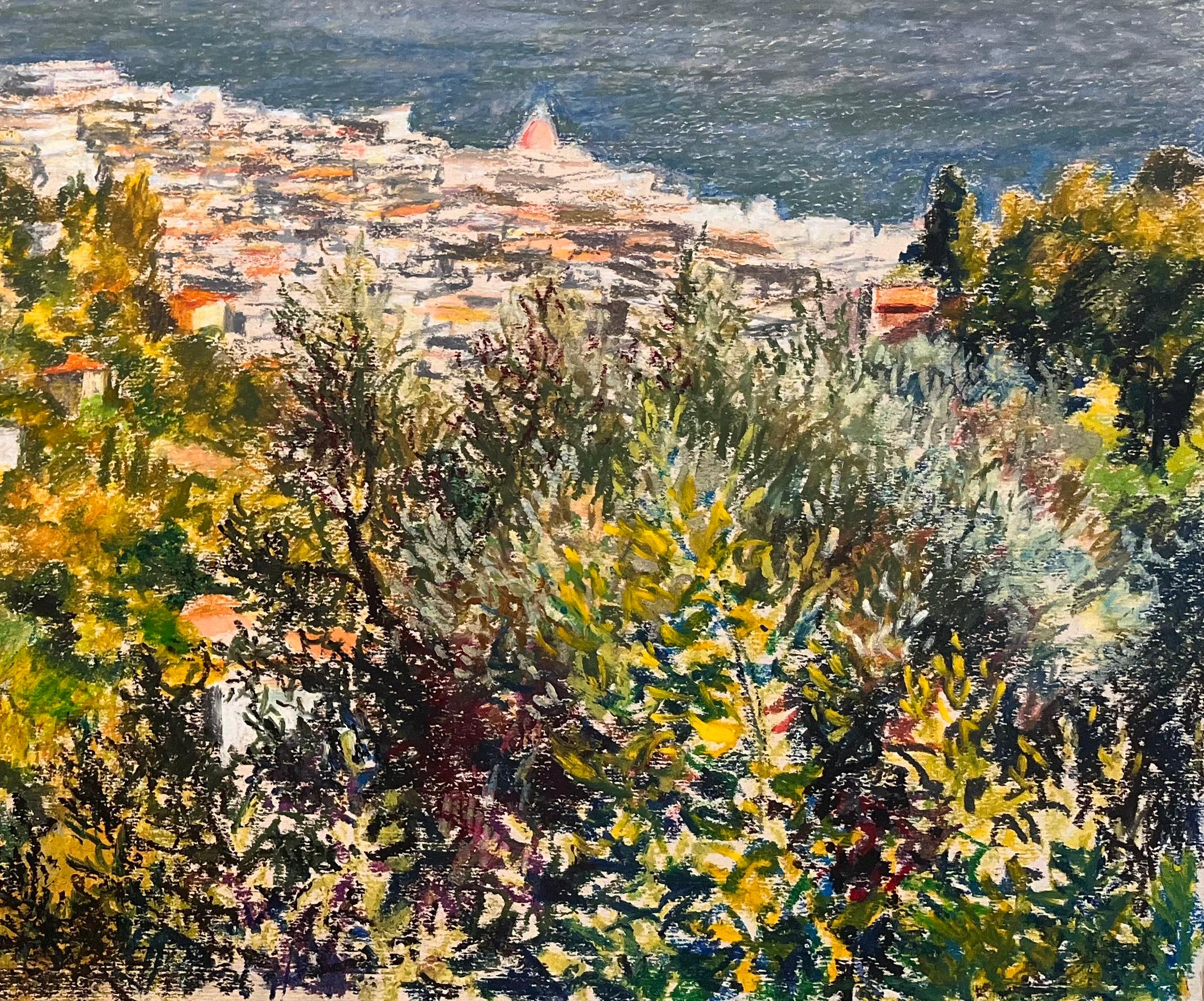 Title: Mid Century French Pastel Drawing of Sunlit Coastal Town and Calm Blue Sea

Artist: Josine Vignon (French 1922-2022)

Medium: Oil Pastel on artist paper

Size: 19.75 (height) x 25.75 (width)

Signed: Yes

Condition: Good

Provenance: All the