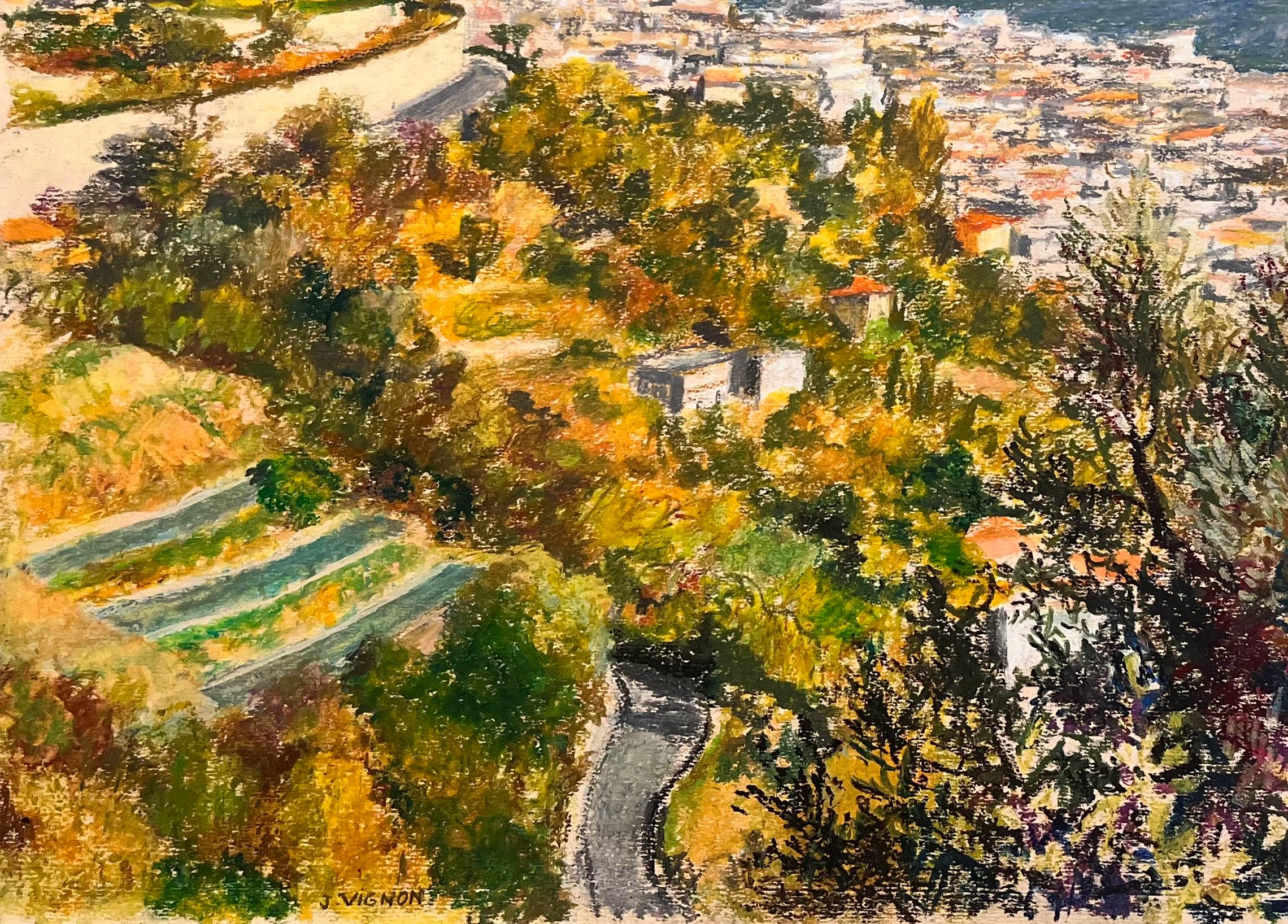 Mid Century French Pastel Drawing of Sunlit Coastal Town and Calm Blue Sea For Sale 1