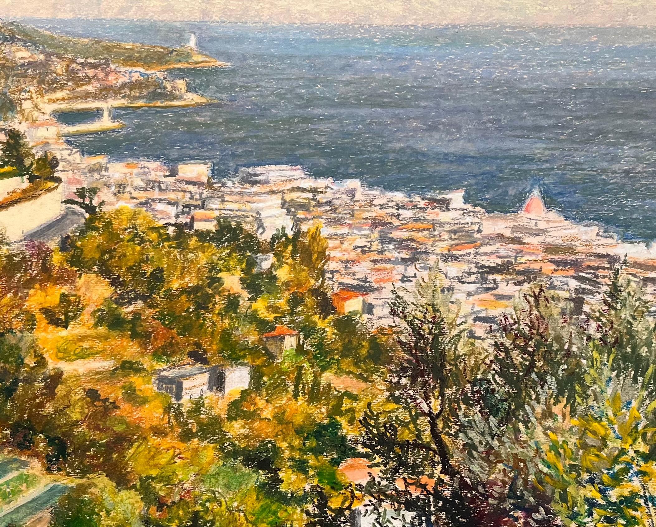 Mid Century French Pastel Drawing of Sunlit Coastal Town and Calm Blue Sea For Sale 2