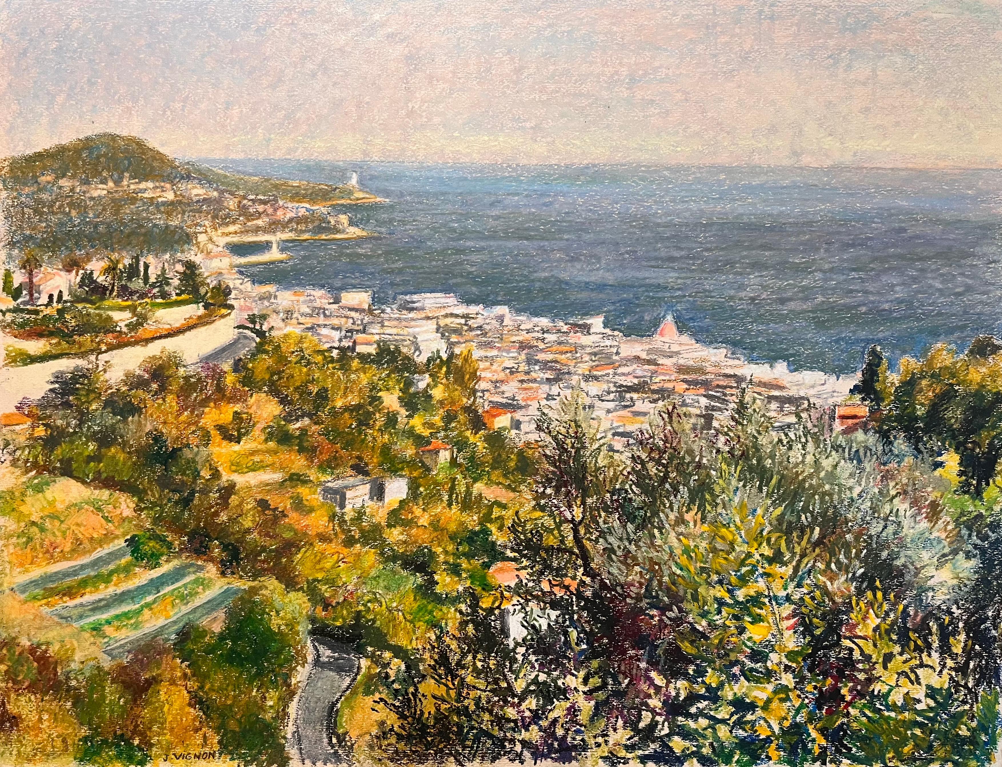 Josine Vignon Landscape Art - Mid Century French Pastel Drawing of Sunlit Coastal Town and Calm Blue Sea