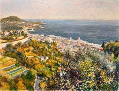 Mid Century Französisch Pastell Zeichnung von Sunlit Coastal Townes und ruhigen blauen Meer