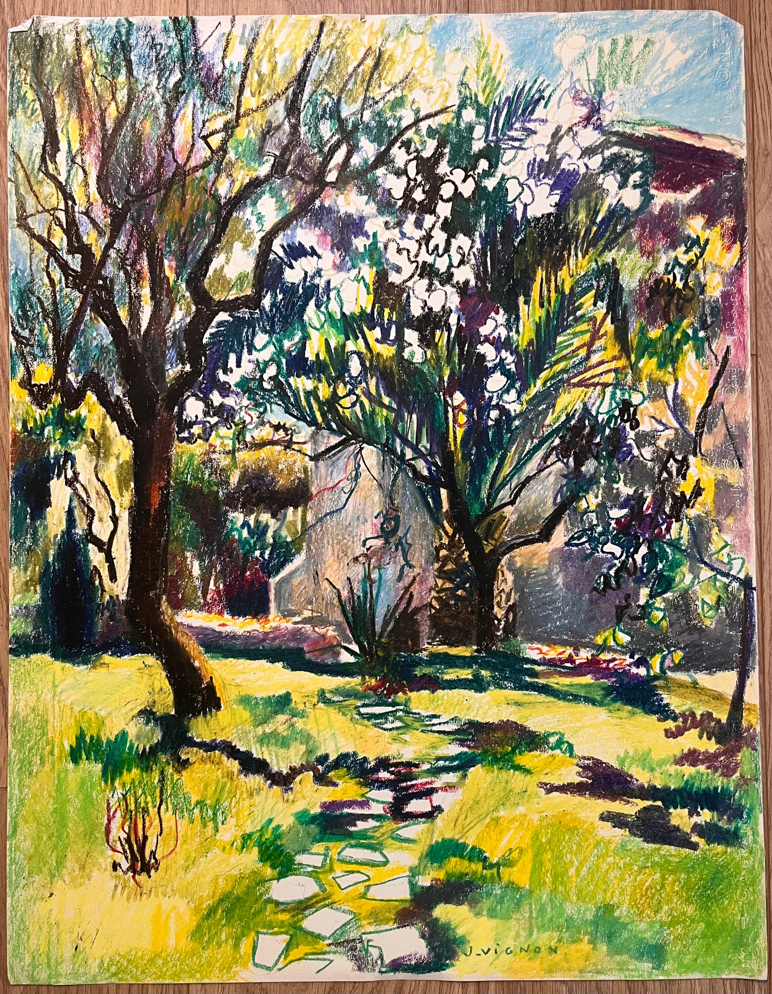 Dessin au pastel français du milieu du siècle représentant un jardin ensoleillé avec des arbres en fleurs - Art de Josine Vignon