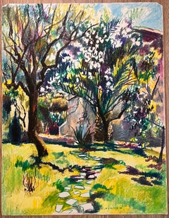 Mid Century French Pastel Drawing of Sunlit Garden with Blooming Trees
