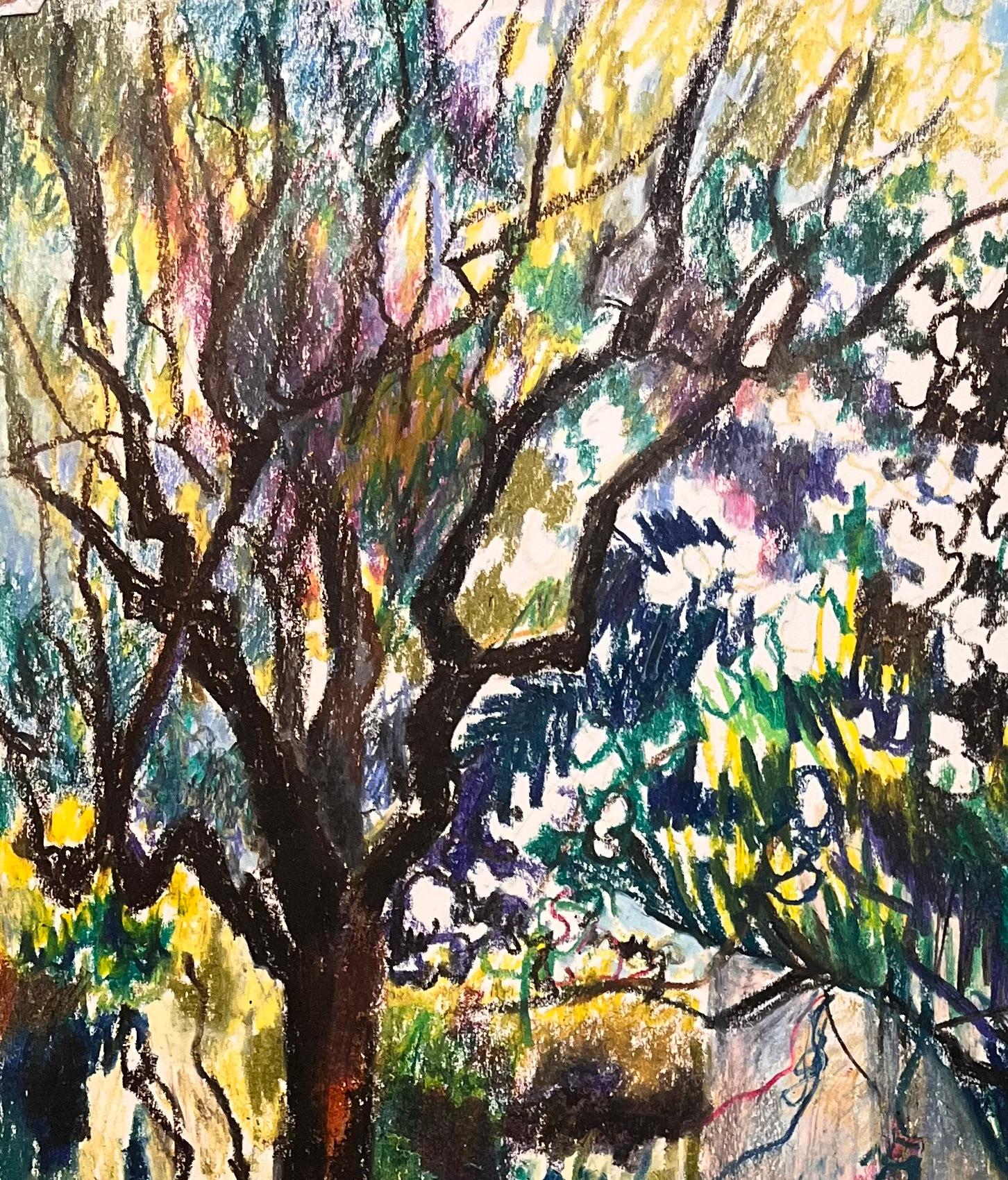 Dessin au pastel français du milieu du siècle représentant un jardin ensoleillé avec des arbres en fleurs - Impressionnisme Art par Josine Vignon