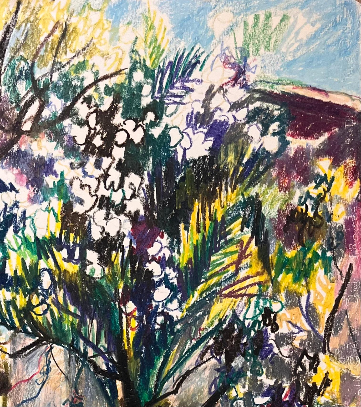 Dessin au pastel français du milieu du siècle représentant un jardin ensoleillé avec des arbres en fleurs - Beige Landscape Art par Josine Vignon
