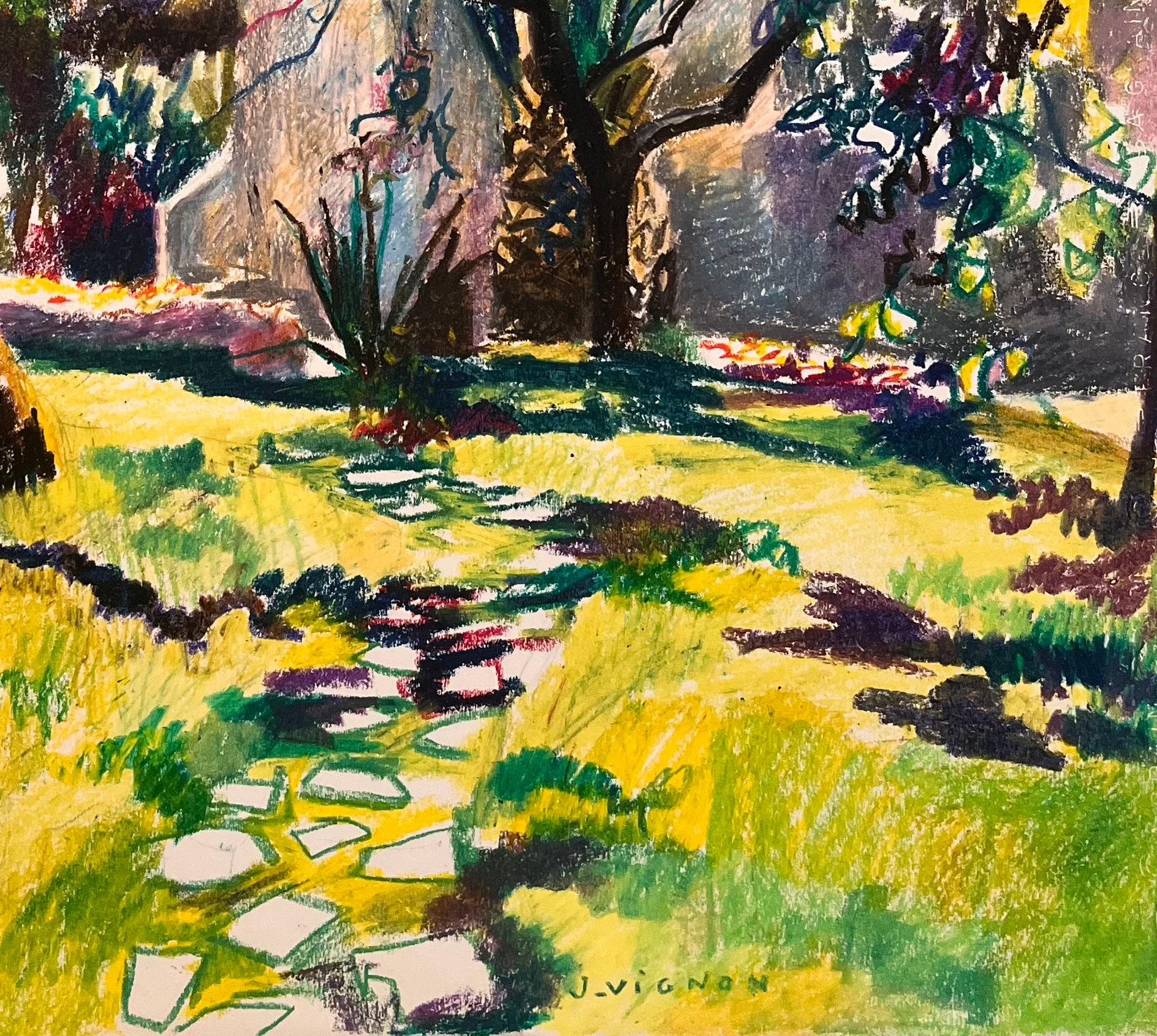 Titre : Dessin au pastel français du milieu du siècle d'un jardin ensoleillé avec des arbres en fleurs

Artistics : Josine Vignon (française 1922-2022)

Médium : Pastel à l'huile sur papier d'artiste

Taille : 25,75 (hauteur) x 19,75