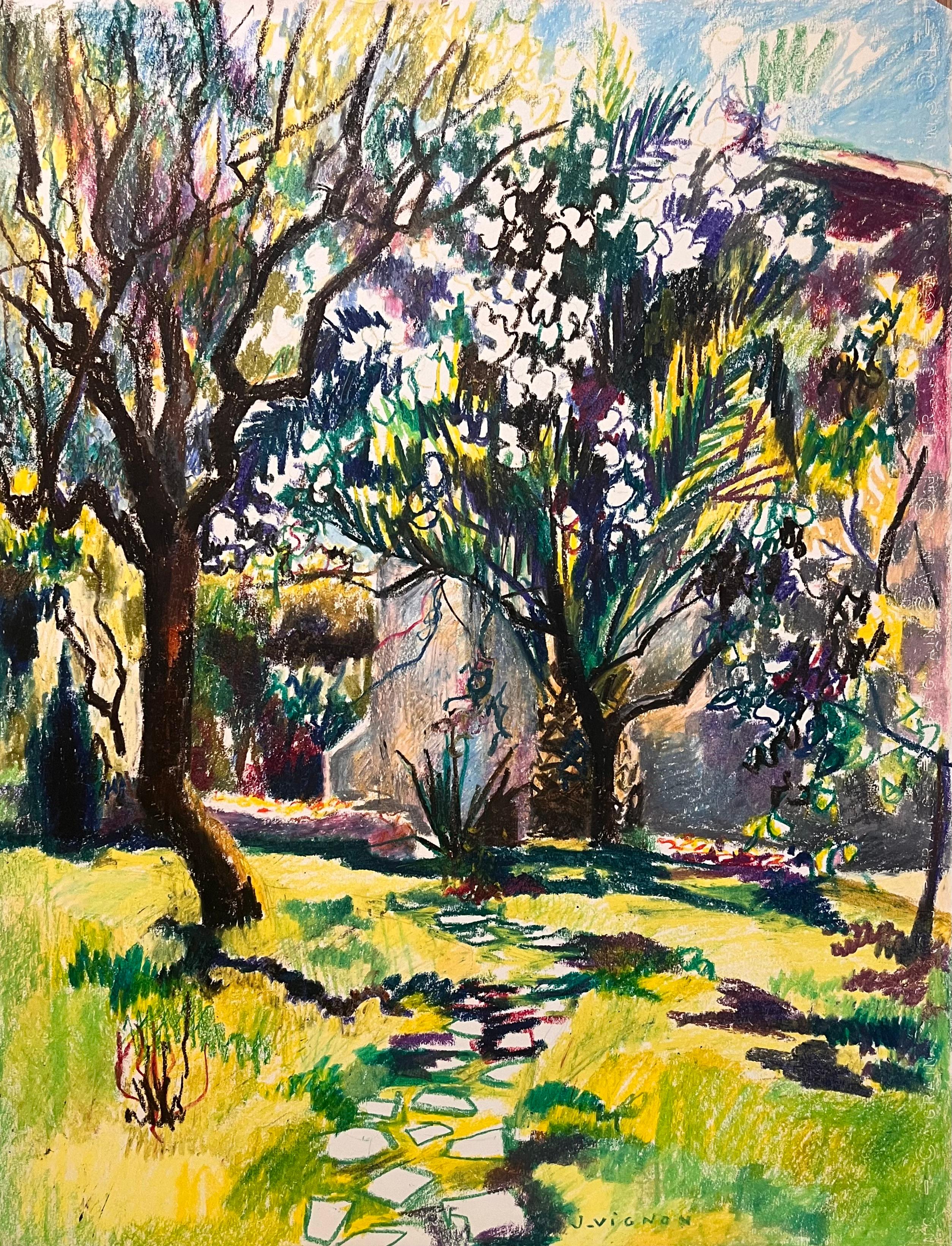 Mid Century Französisch Pastell Zeichnung von Sunlit Garden mit blühenden Bäumen