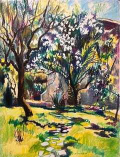 Dibujo al pastel francés de mediados de siglo de un jardín iluminado por el sol con árboles en flor
