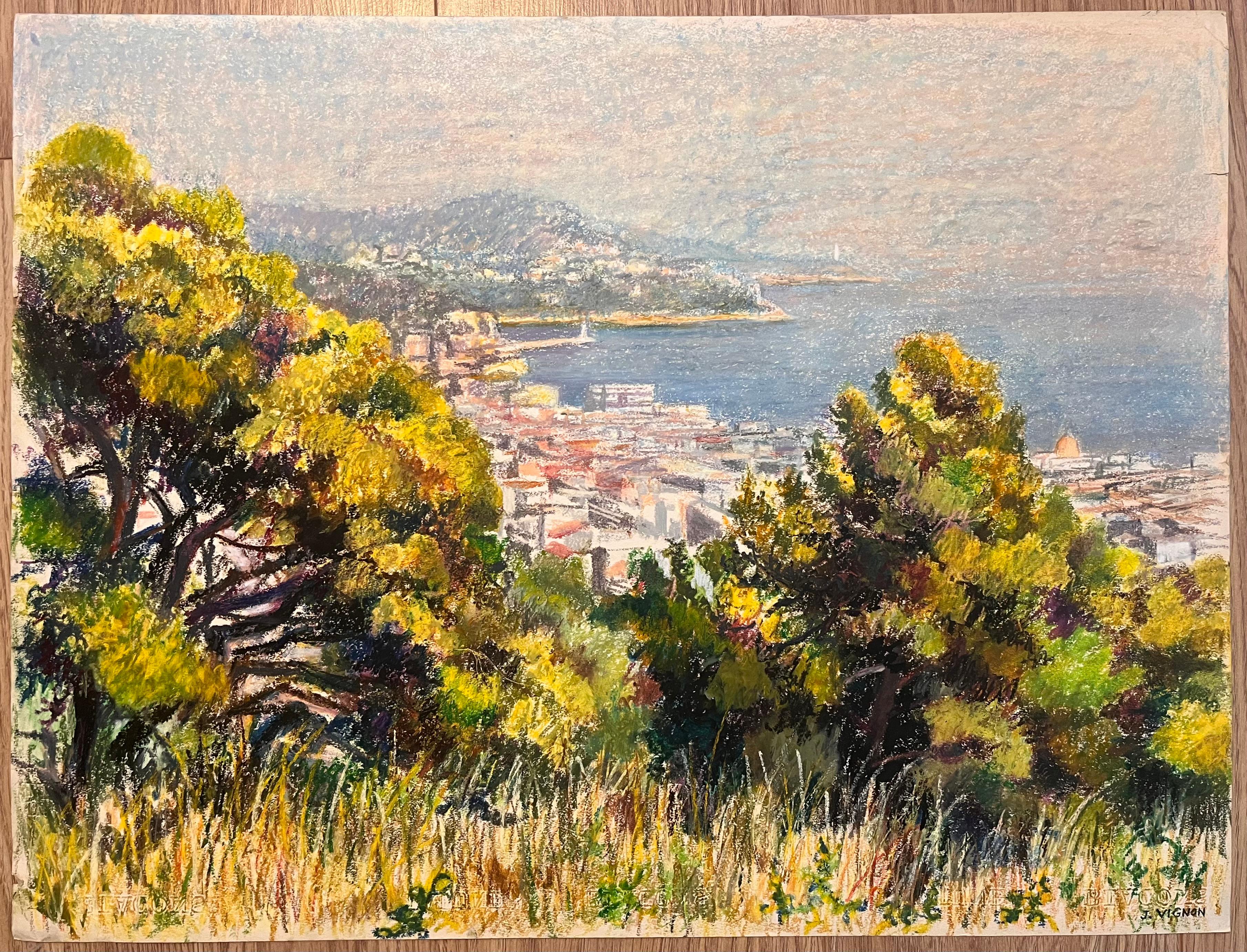 Dessin au pastel du milieu du siècle représentant une ville et une vue de la mer avec des arbres ensoleillés - Art de Josine Vignon
