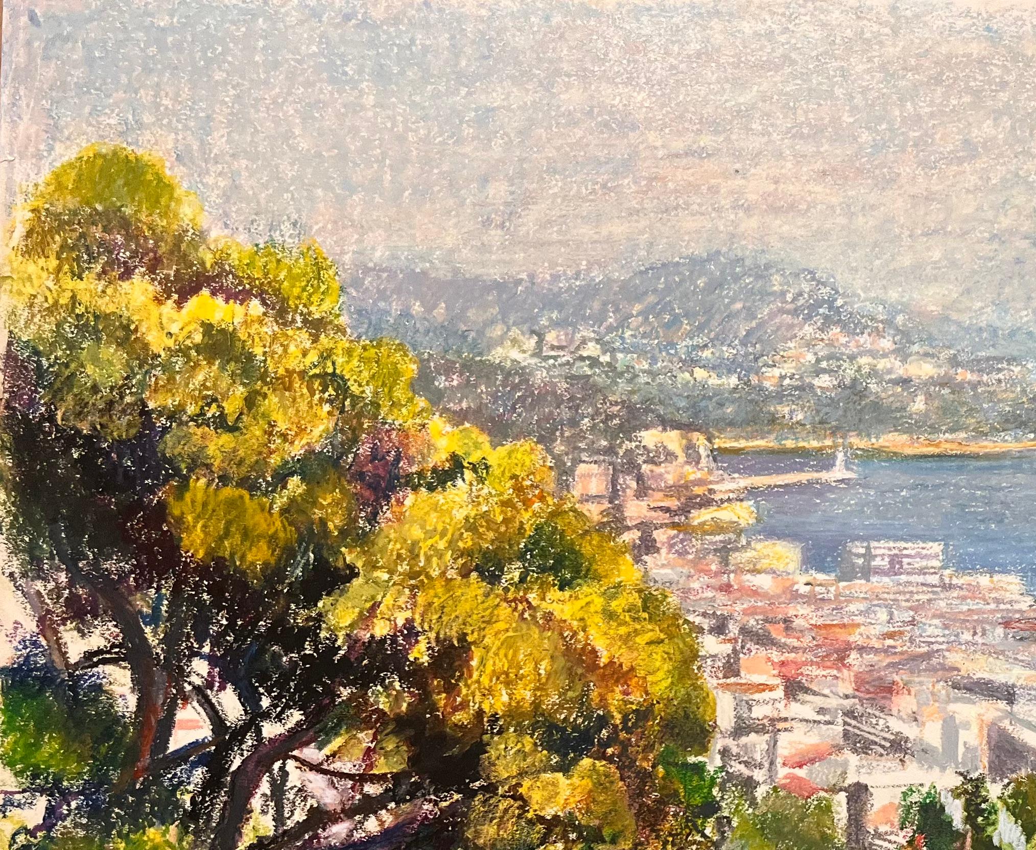 Dessin au pastel du milieu du siècle représentant une ville et une vue de la mer avec des arbres ensoleillés - Impressionnisme Art par Josine Vignon