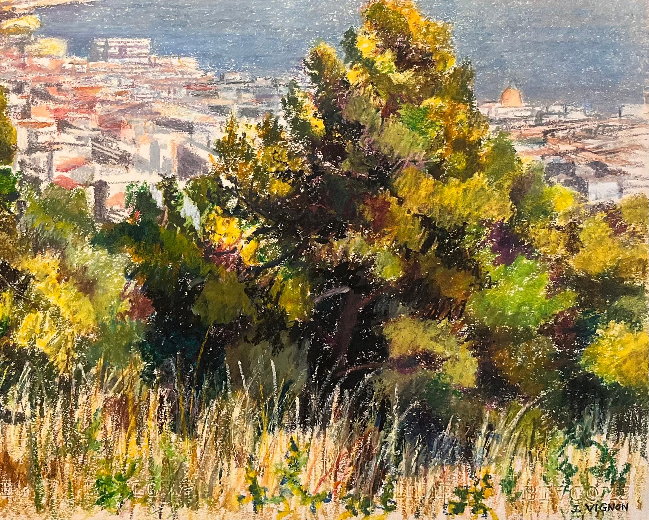 Titre : Dessin au pastel du milieu du siècle représentant une ville et une vue de la mer avec des arbres éclairés par le soleil

Artistics : Josine Vignon (française 1922-2022)

Médium : Pastel à l'huile sur papier d'artiste

Taille : 19,75